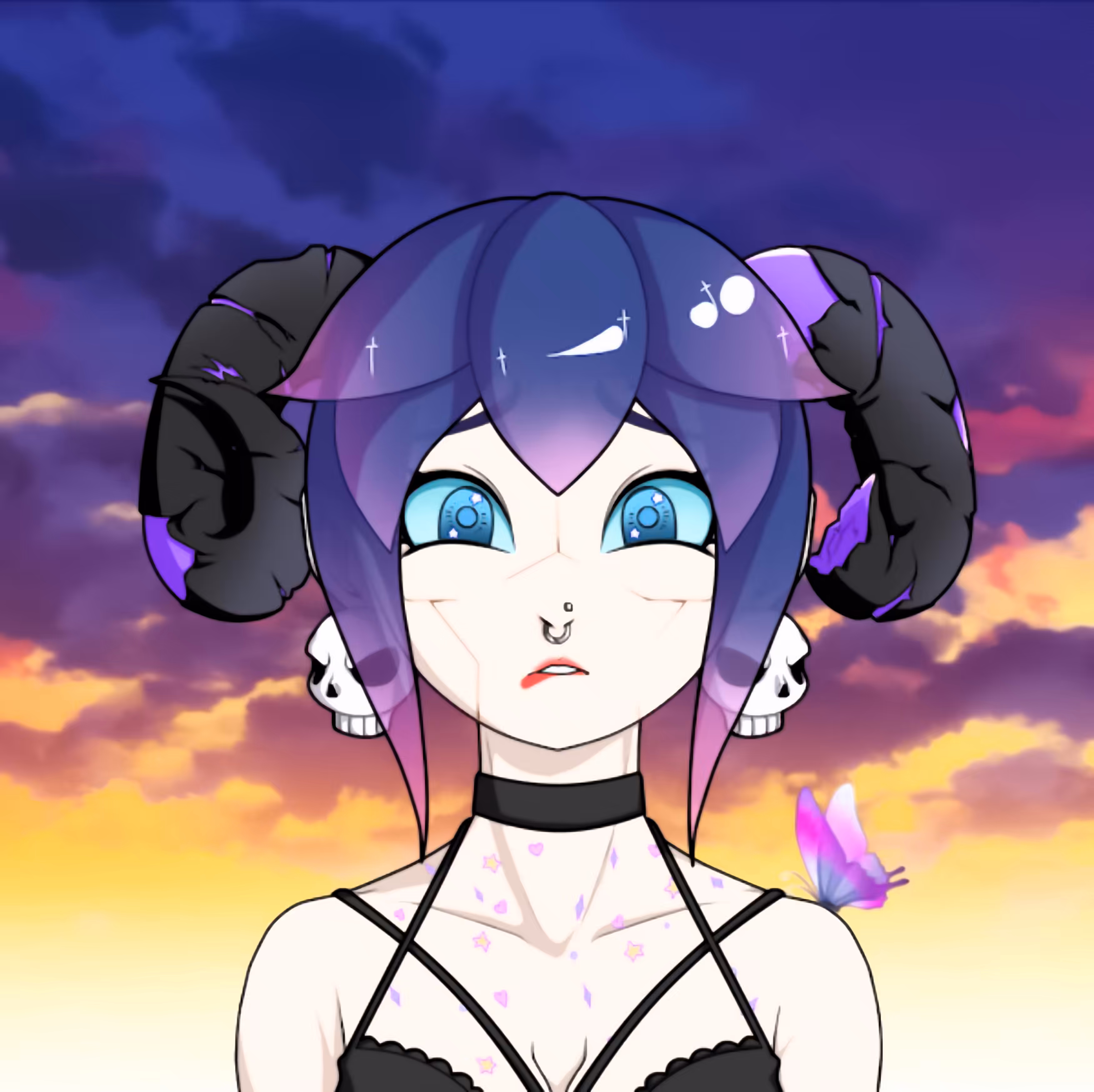 A magical demon girl in the sunset