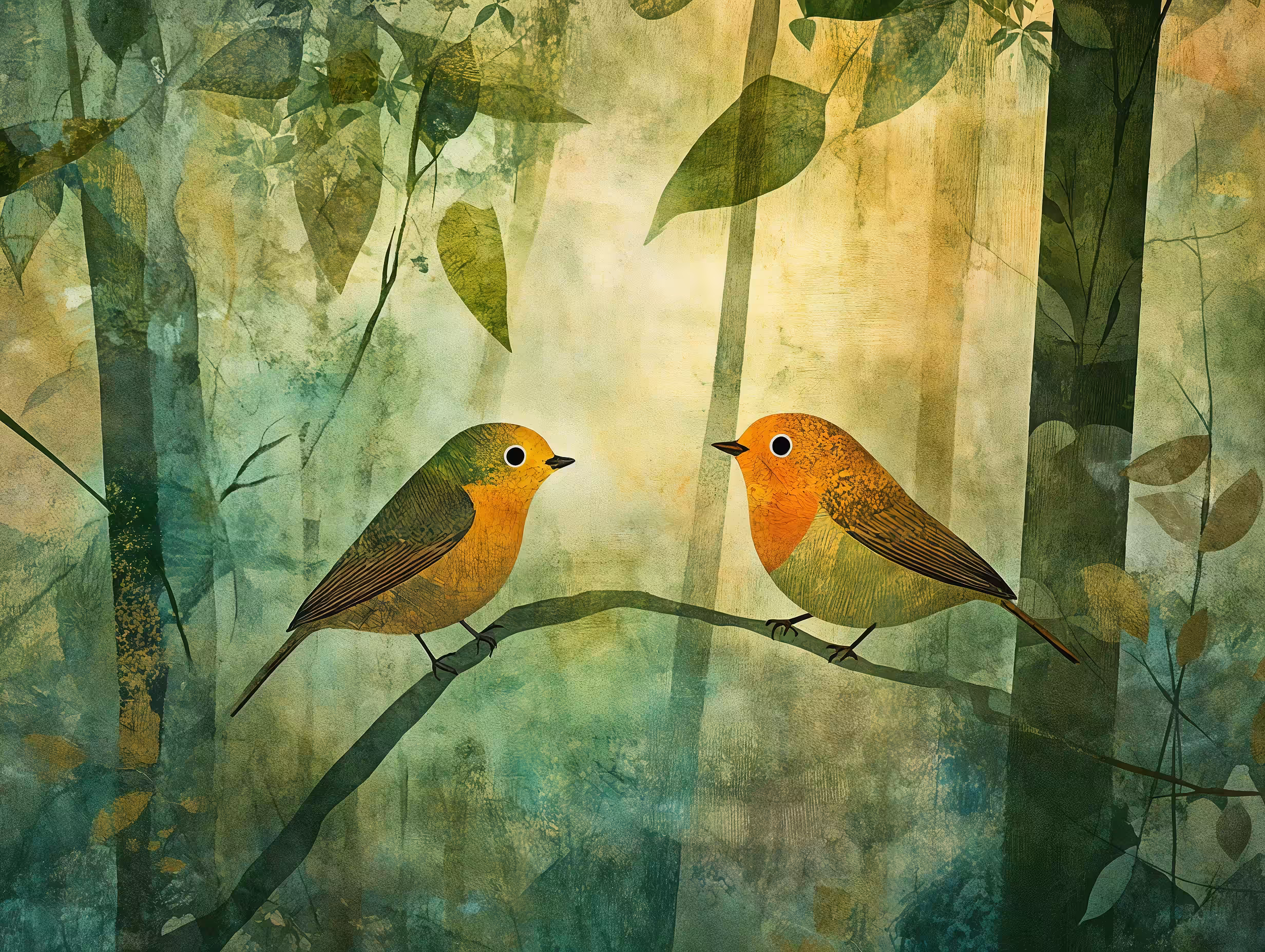 Two little birds in the forest