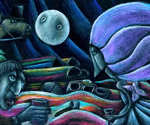 Having a Drink With a Flower Fairy Under a Post Apocalyptic Moonlight;and a Camel