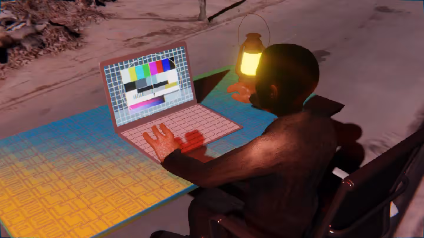 Desktop #239: The Business in the Black Slim Chair With a Gas Lamp and a Please Stand By Monitor on a Green FELT Zine Table in Conflict
