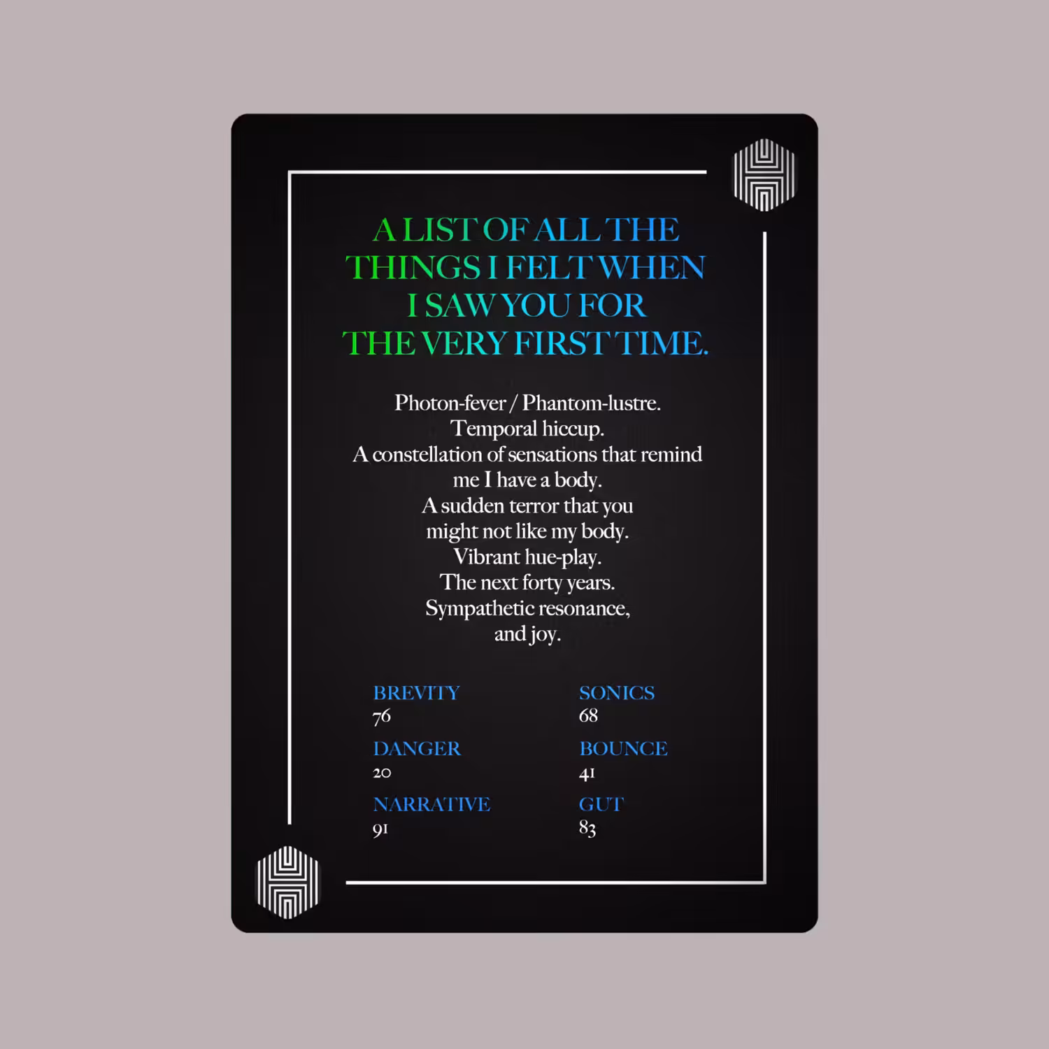 POETRY CARDS VOL 1 | META/VERSE: 004 - A LIST OF ALL THE THINGS I FELT WHEN I SAW YOU FOR THE VERY FIRST TIME