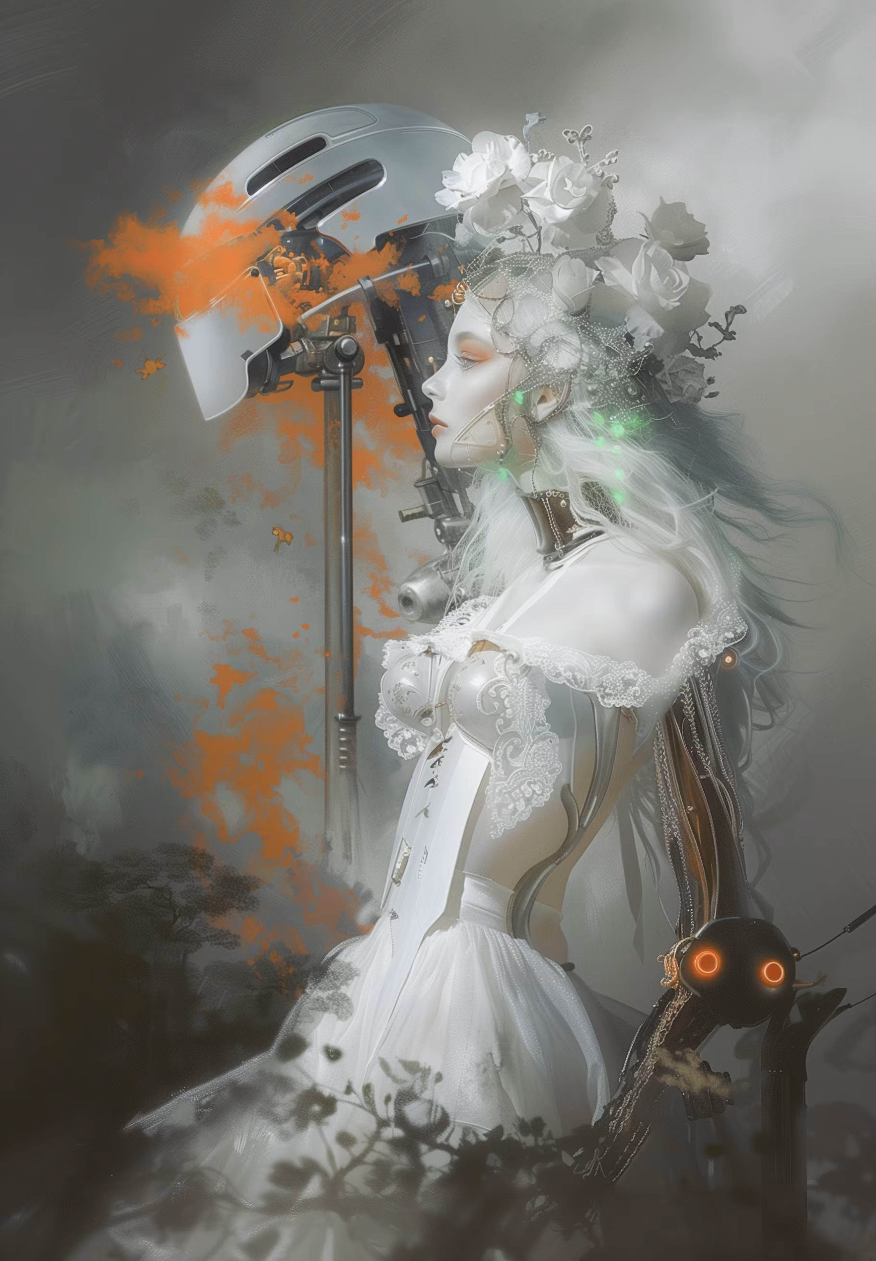 Cyborg Girl in the Night Fog