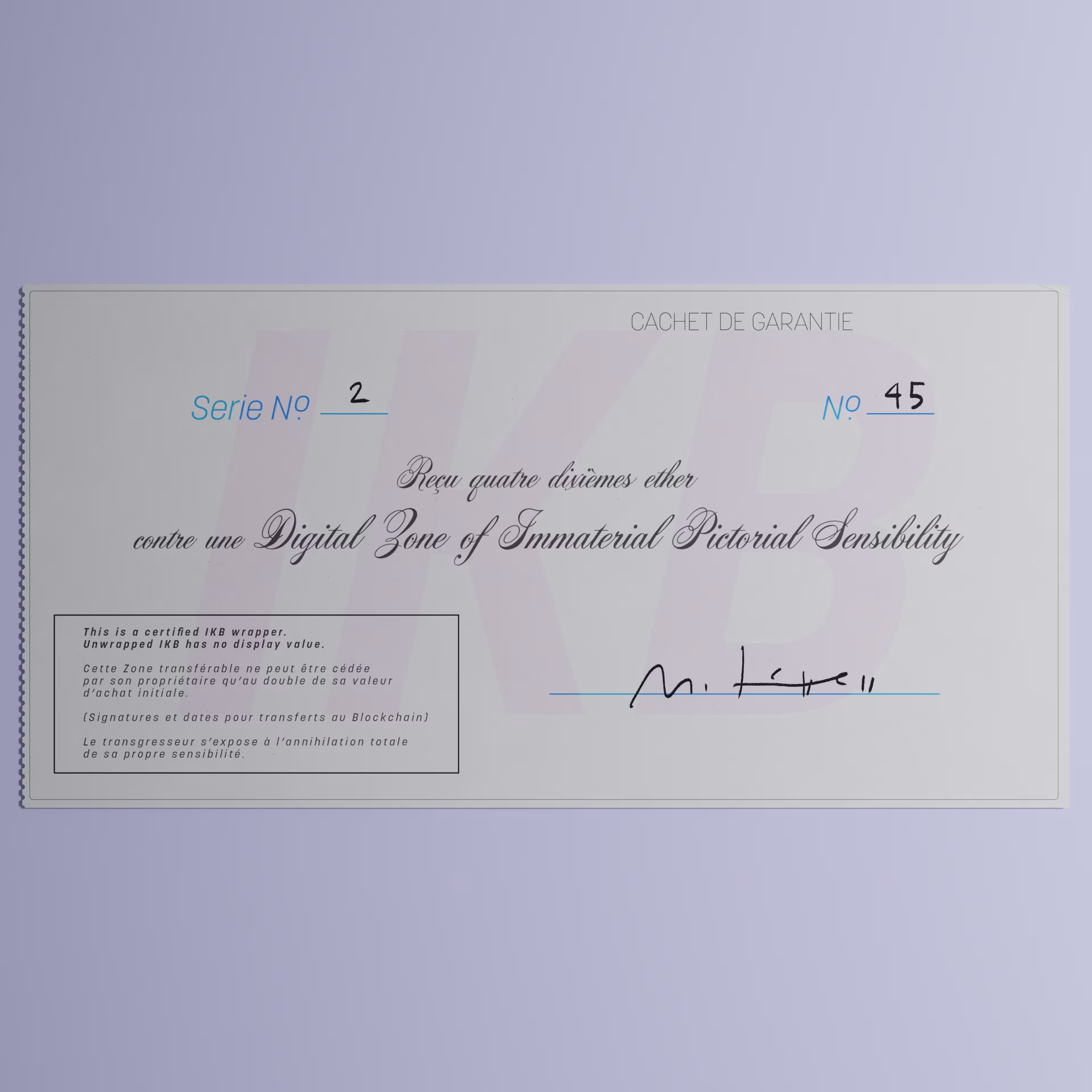 Digital Zone of Immaterial Pictorial Sensibility, Series 2, Edition 45. (Wrapped)