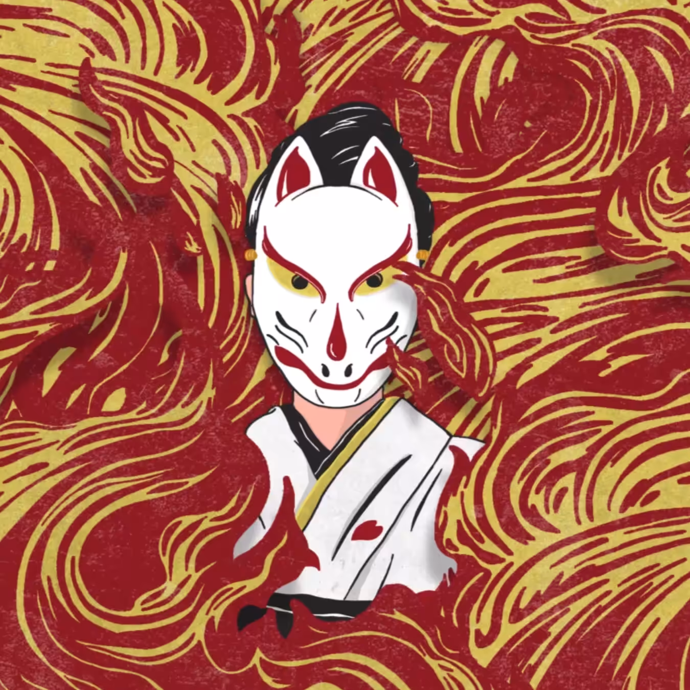 Woman with Kitsune Mask on Fire