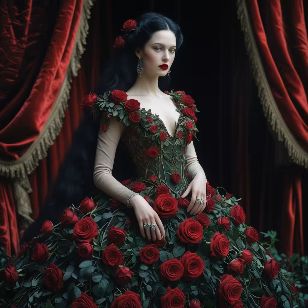 The Happy Valley: A woman in a dress covered with red roses