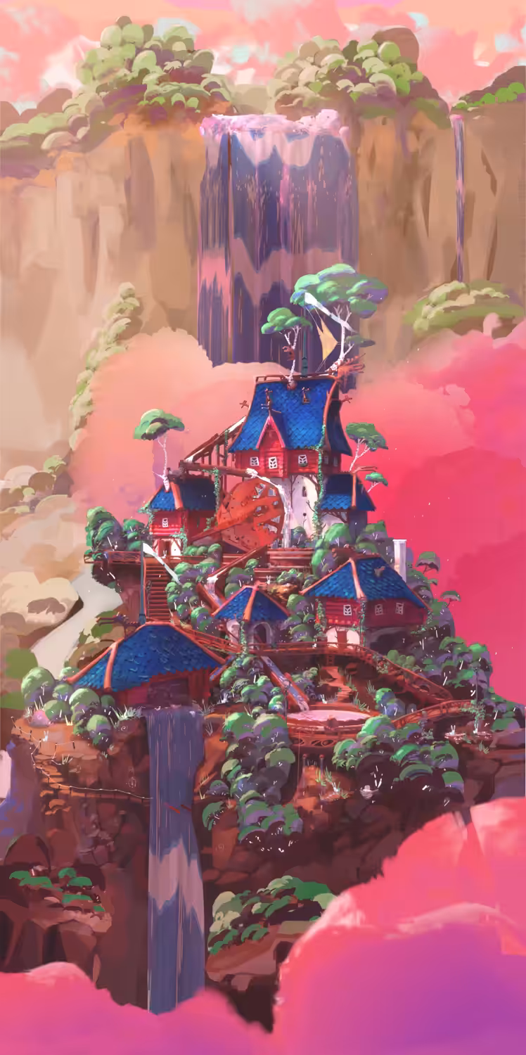 Mining tree house. Sunset.