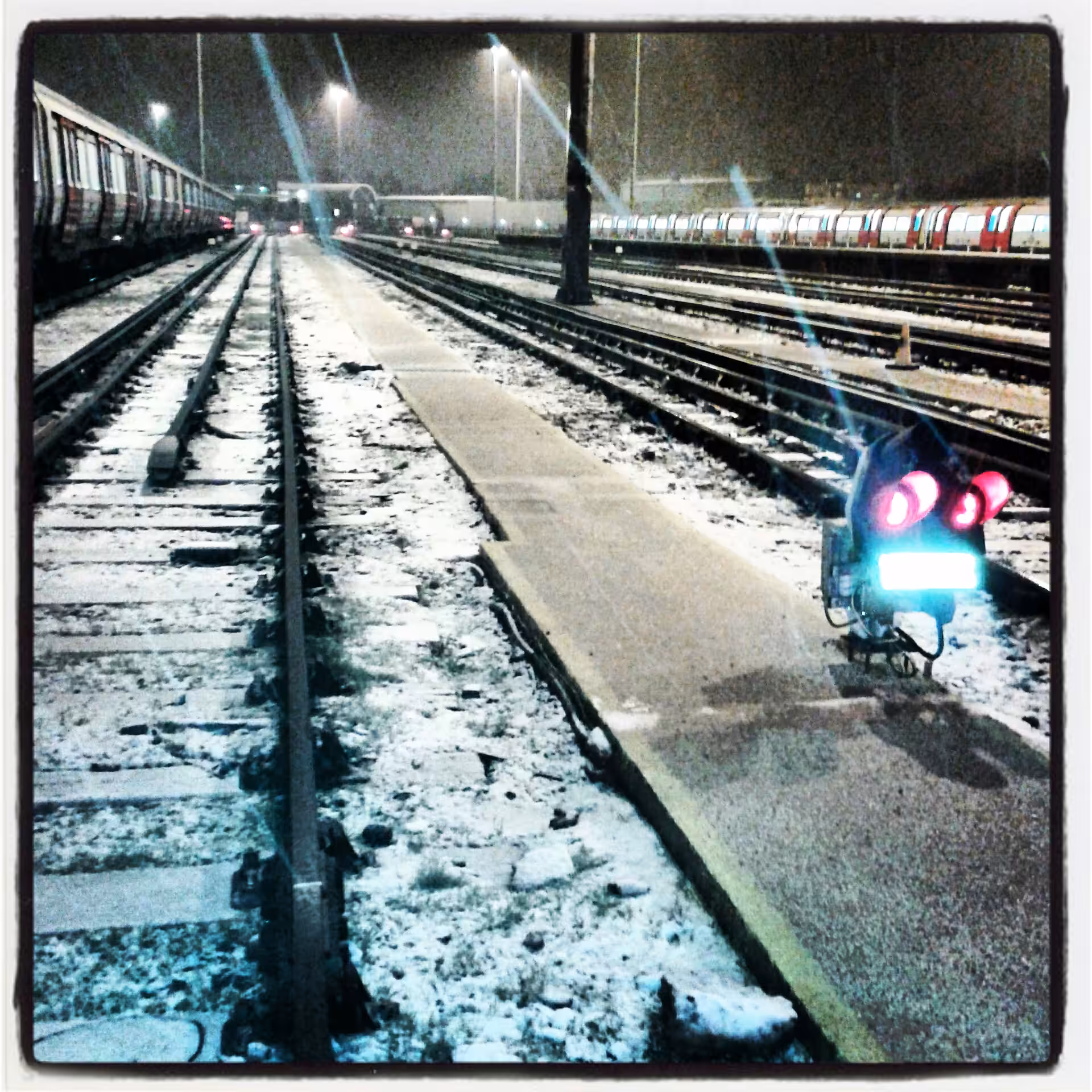 Snowy Train Depot at night