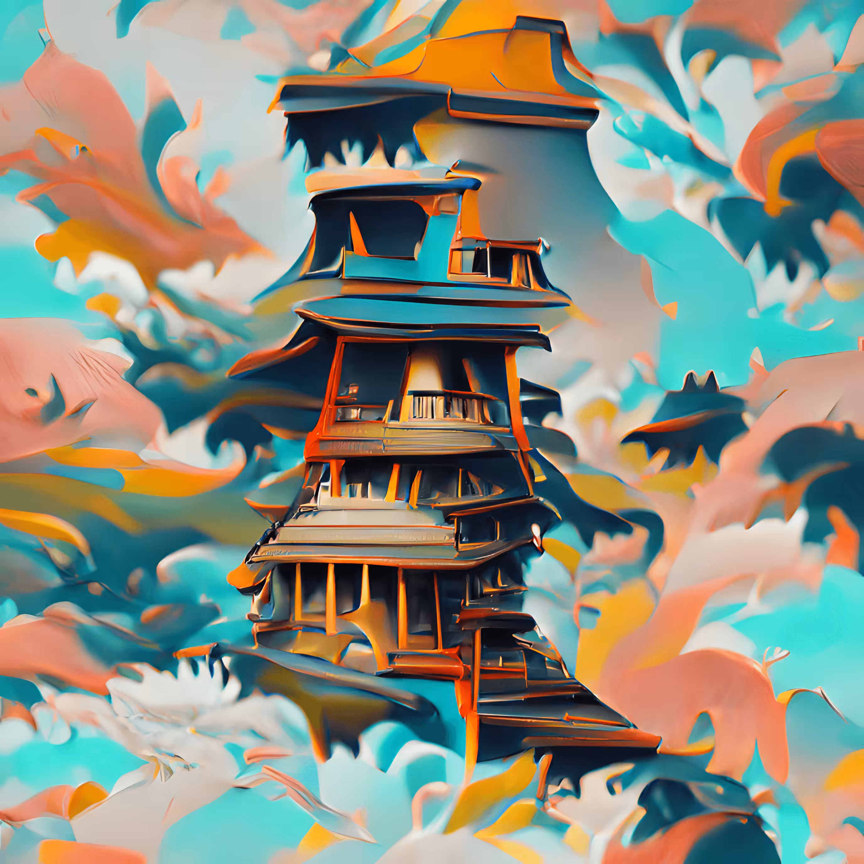 Ancient Japanese Pagoda in the Style of Hokusai