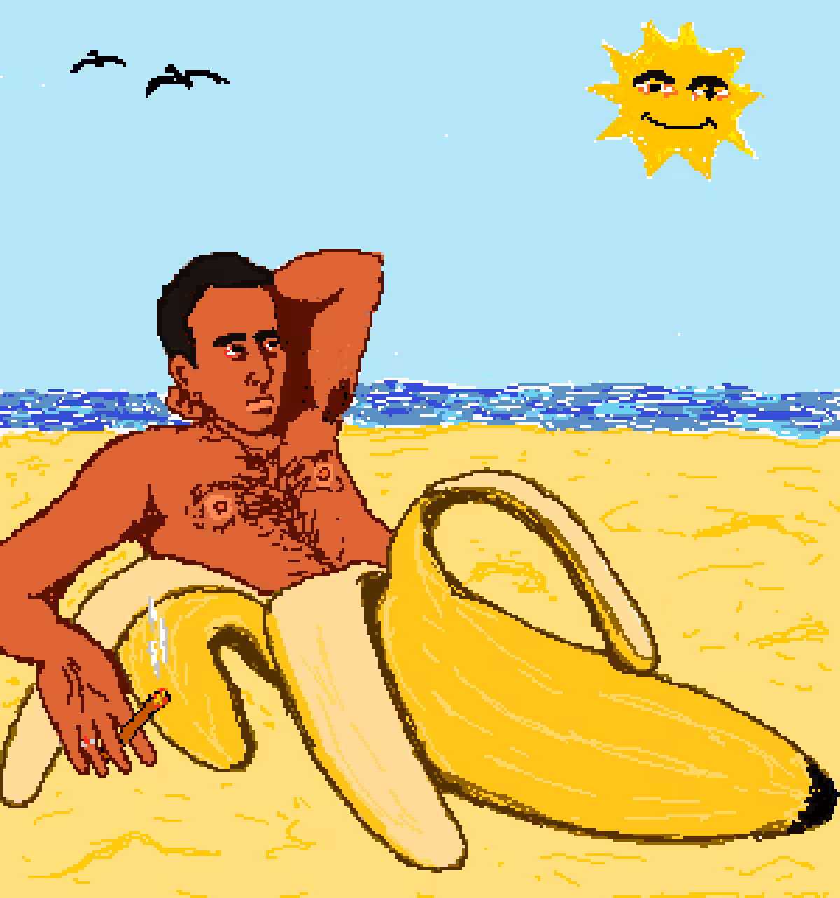 Nicolas Cage smoking a blunt inside a banana