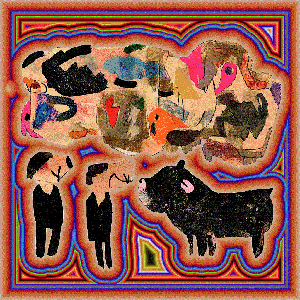 sticker summoning creatures and devices and scene outside the fog in a memory kept inside a jar found in the place we created with our strength put together with the hearts of killer puppies 
