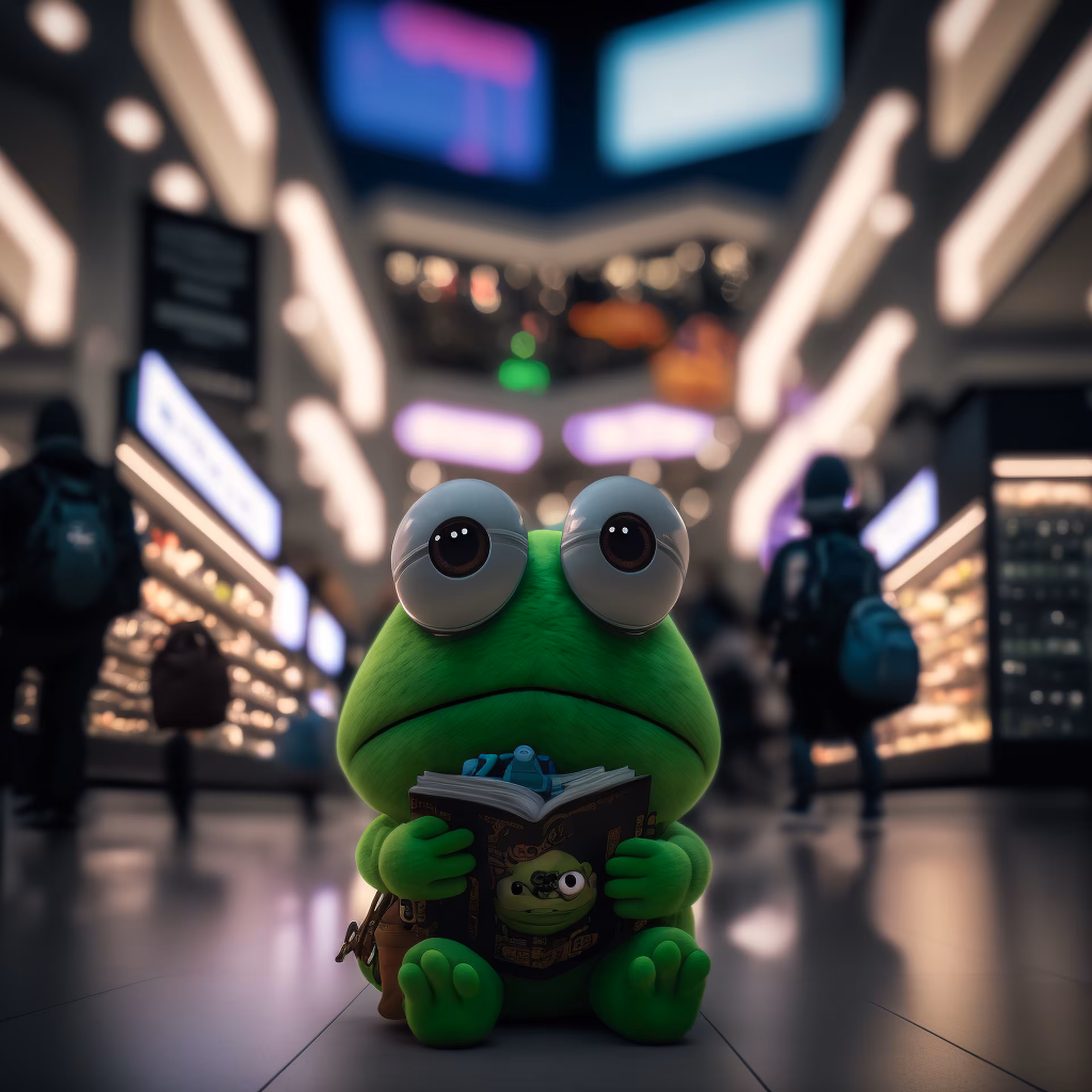 Pepe's World: Pepe enjoying a book at the shopping mall