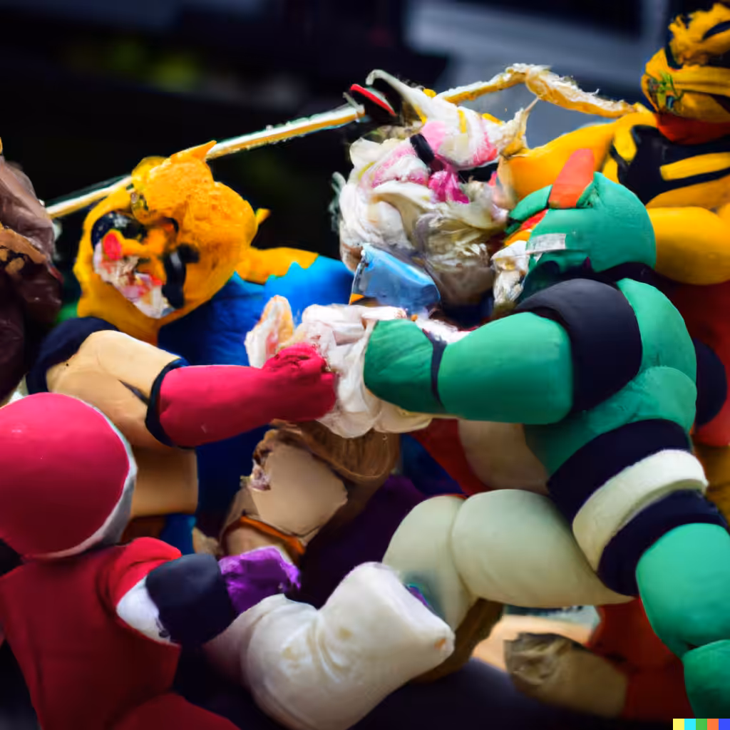 002 -Masters of the Universe, Transformers and G.I. Joe having a food fight in public, as plushies.