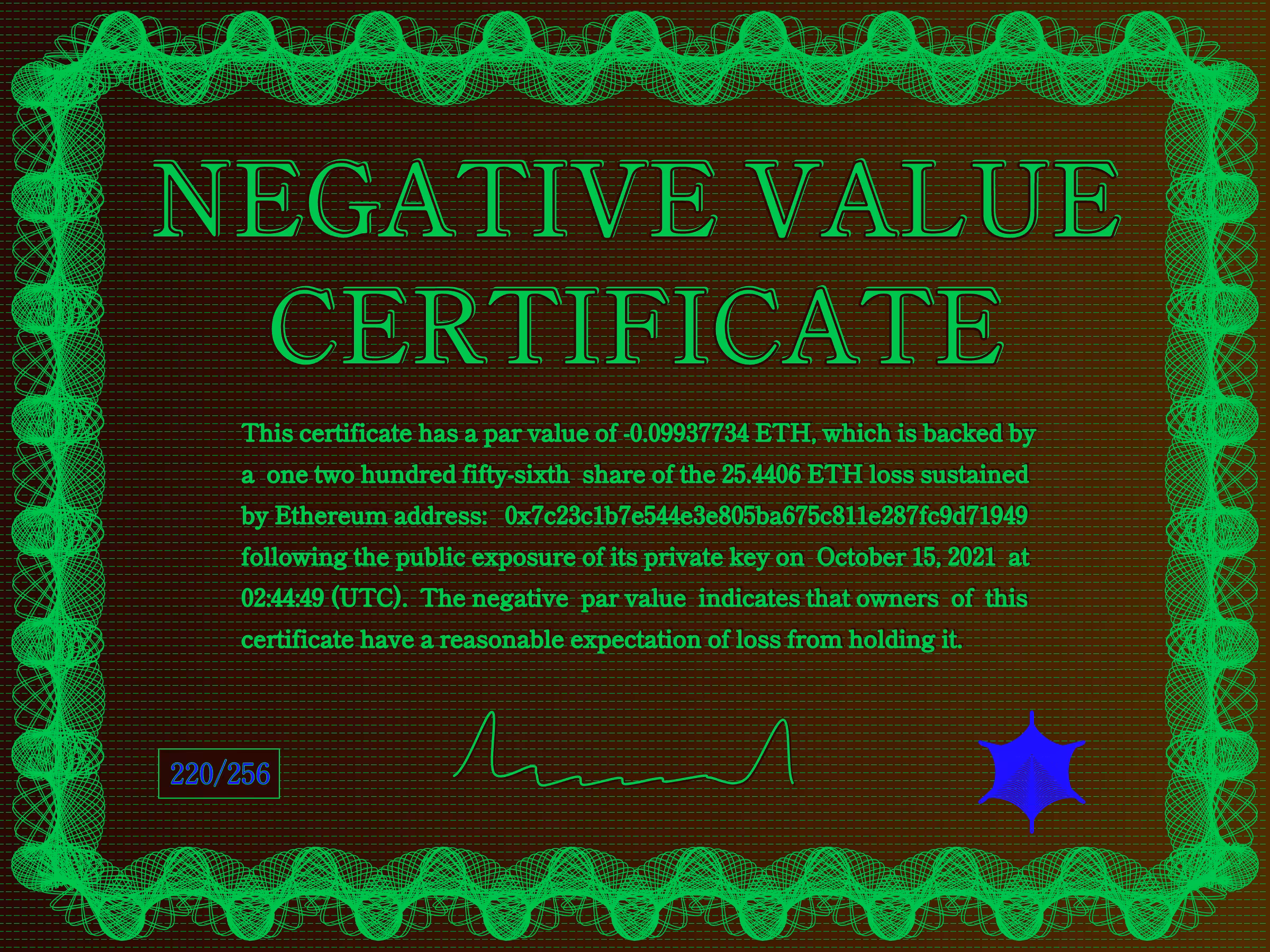 Negative Value Certificate #220 of 256