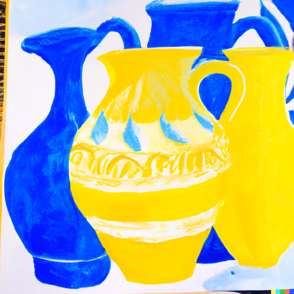 blu and yellow vases