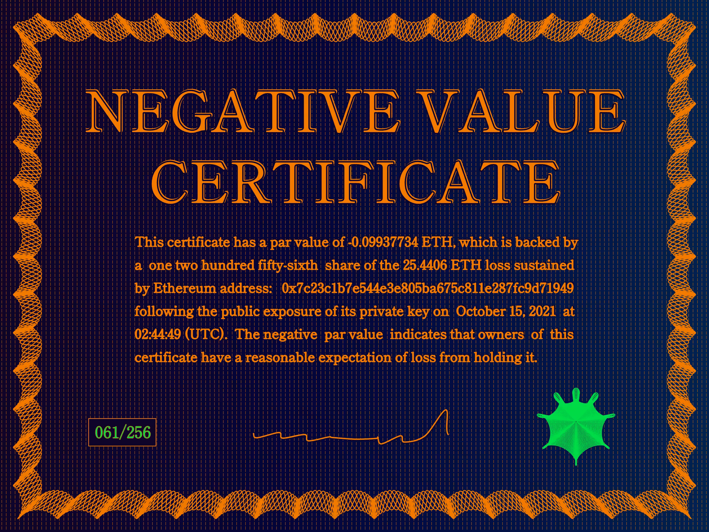 Negative Value Certificate #61 of 256