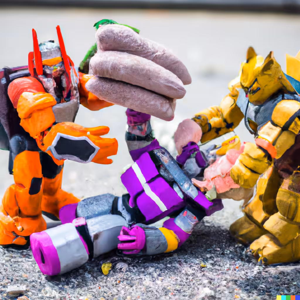 001- Masters of the Universe, Transformers and G.I. Joe having a food fight in public, as plushies.