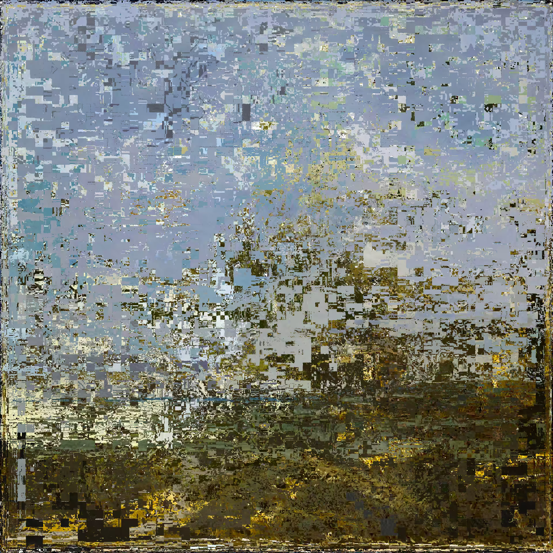 P(AI)saj-e: A couple of giraffes one of concrete papers walking down  next to a sky are walking down in back in foreground and walking down in the  middle of water surrounded by bushes and tree branches in the middle of a  forest with yellow next to trees