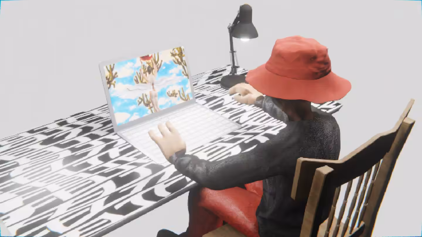 Desktop #183: The Hypebeast in the French Wood Chair With a Desk Lamp and a Gardens Monitor on a Pattern Table in The Void