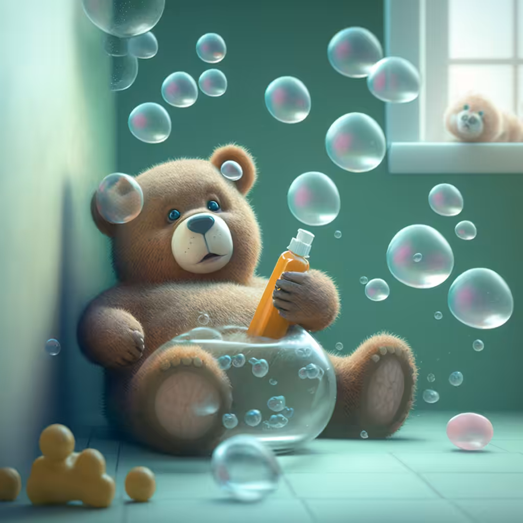 A teddy bear launches soap bubbles
