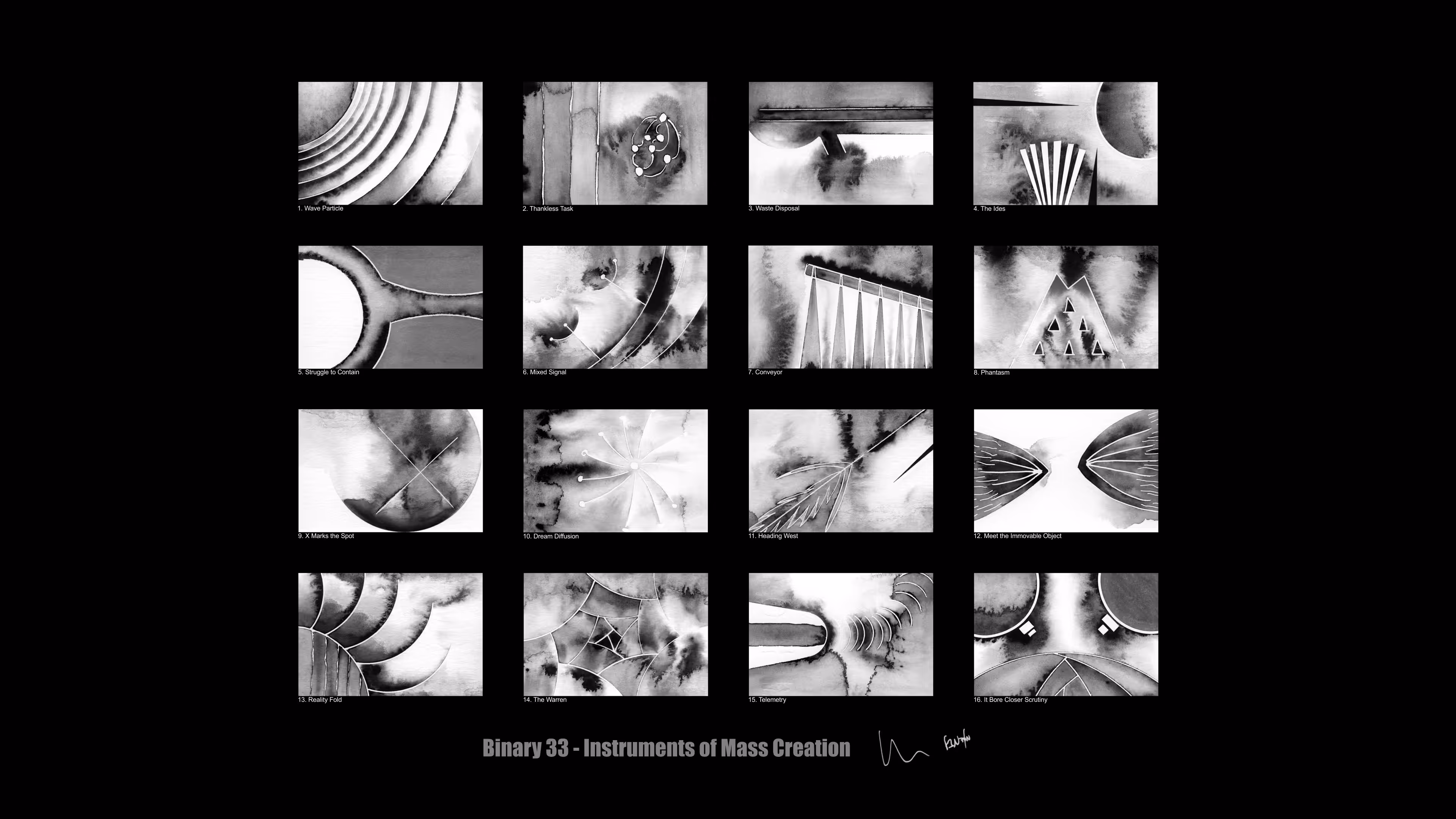 Binary 33 - Instruments of Mass Creation - 2160p 4k fullscreen (with black background) + names and title - Monochrome