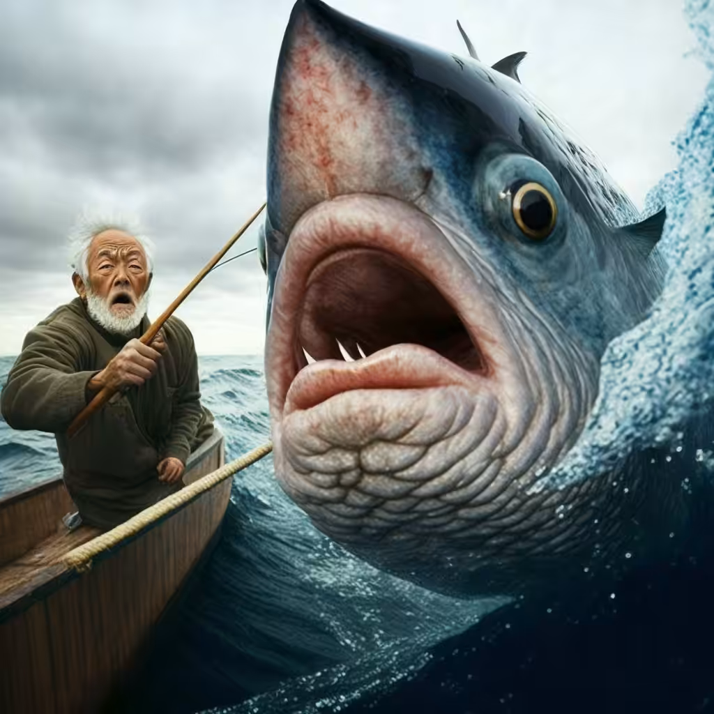 Oldie japanese fisherman and big tuna