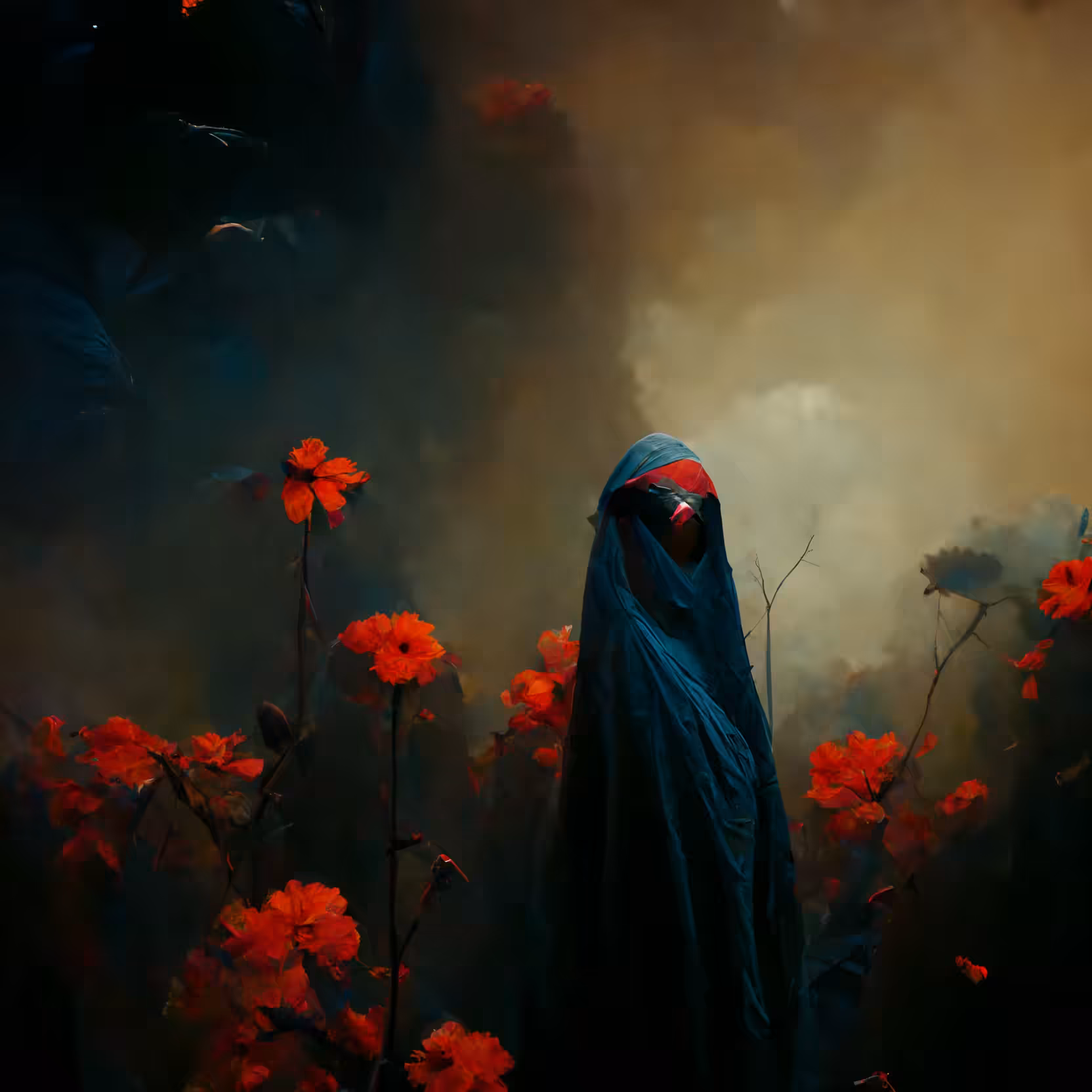 Among the red flowers