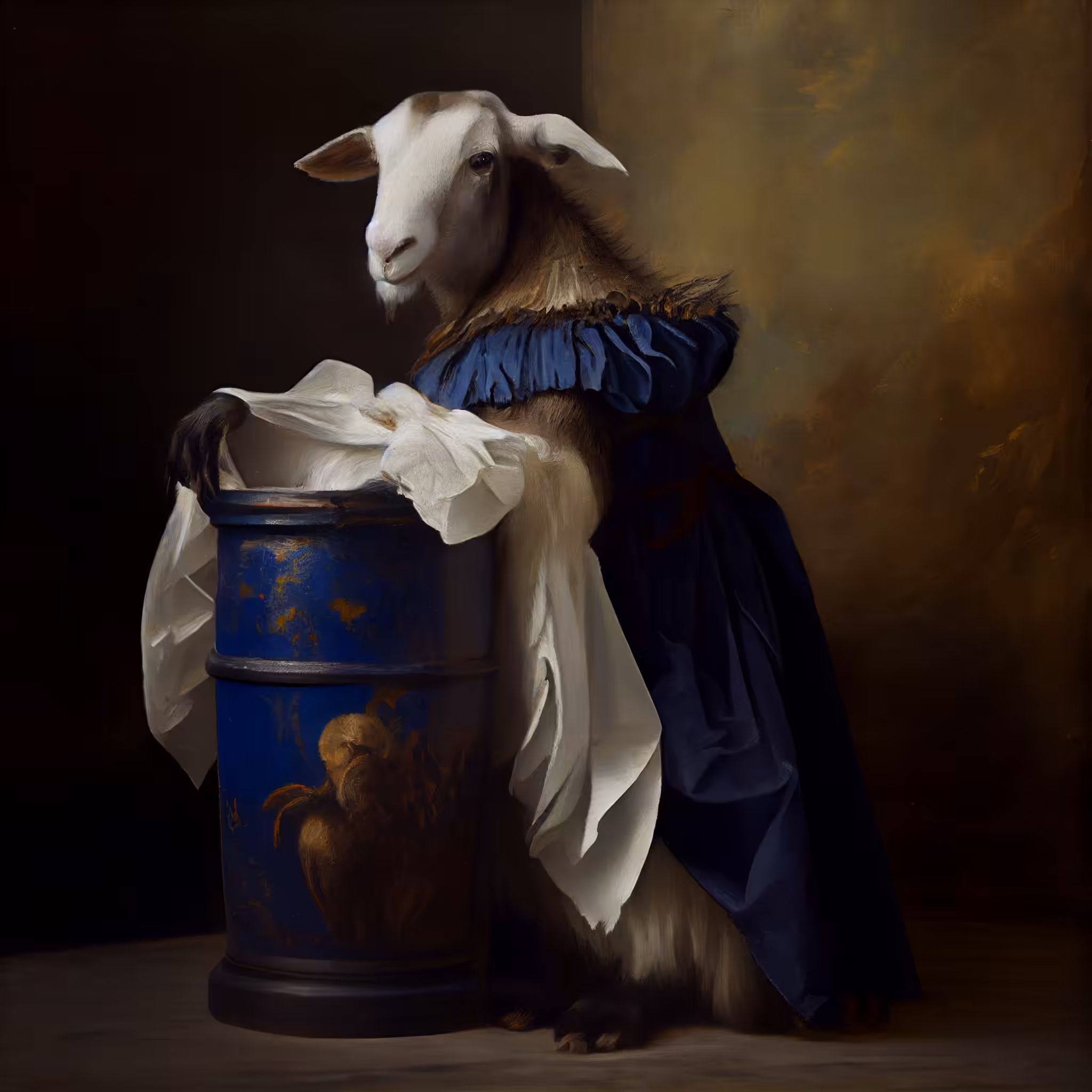 Still life of a goat wearing a prom dress and a Toter