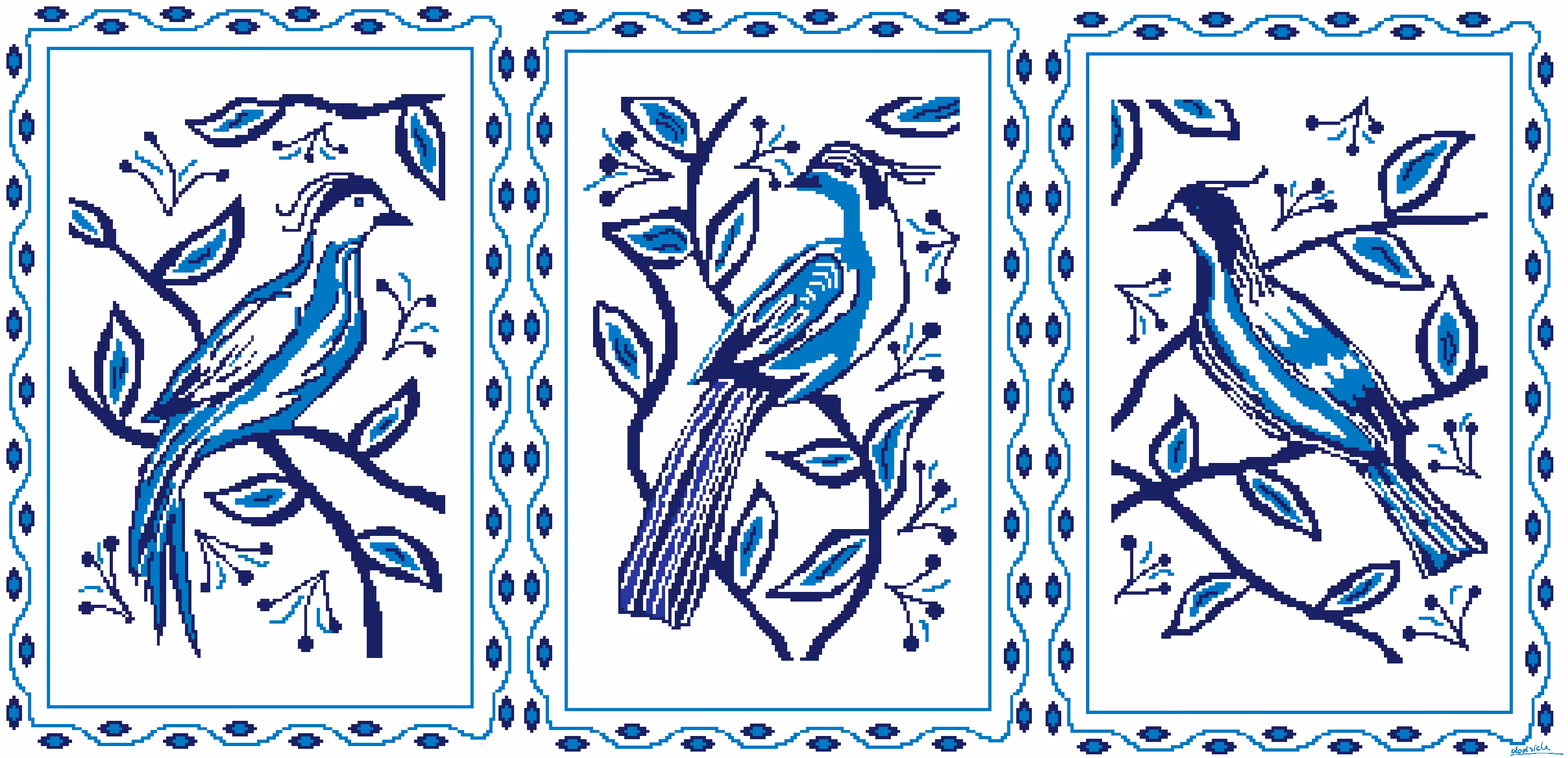 Delft Blue Birds Triptych