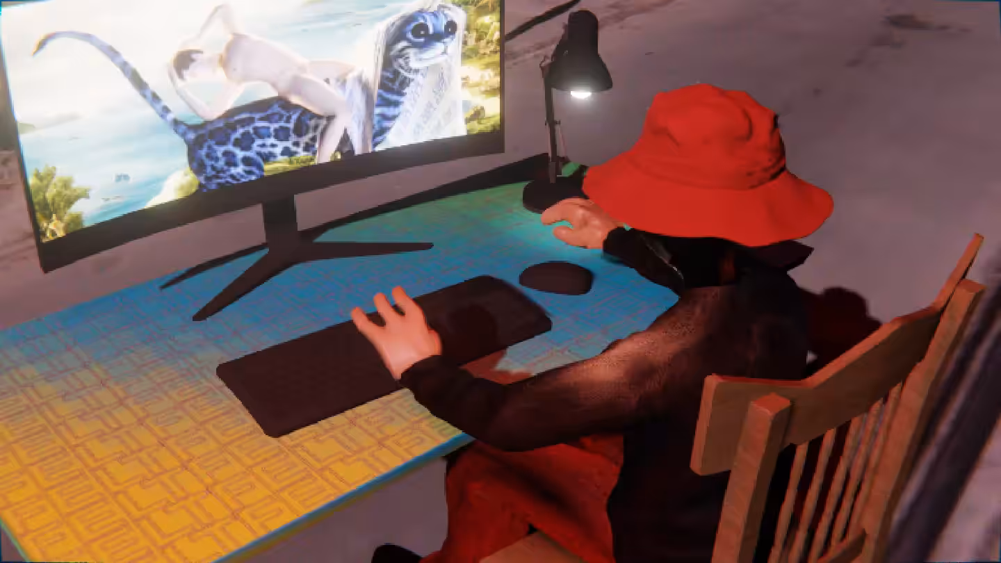 Desktop #228: The Hypebeast in the French Wood Chair With a Desk Lamp and a Kitty Monitor on a Green FELT Zine Table in Conflict