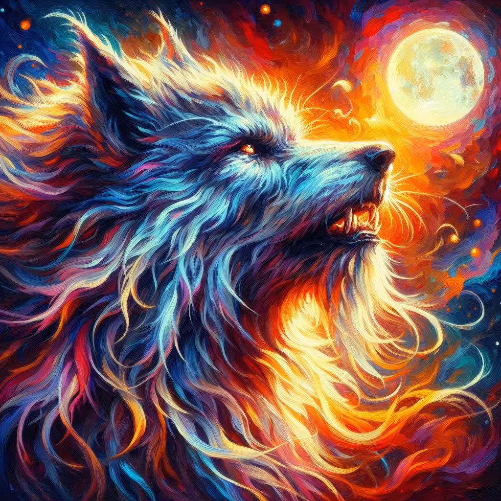 Expressive wolf portrait with cosmic background, vibrant colors, energetic style.