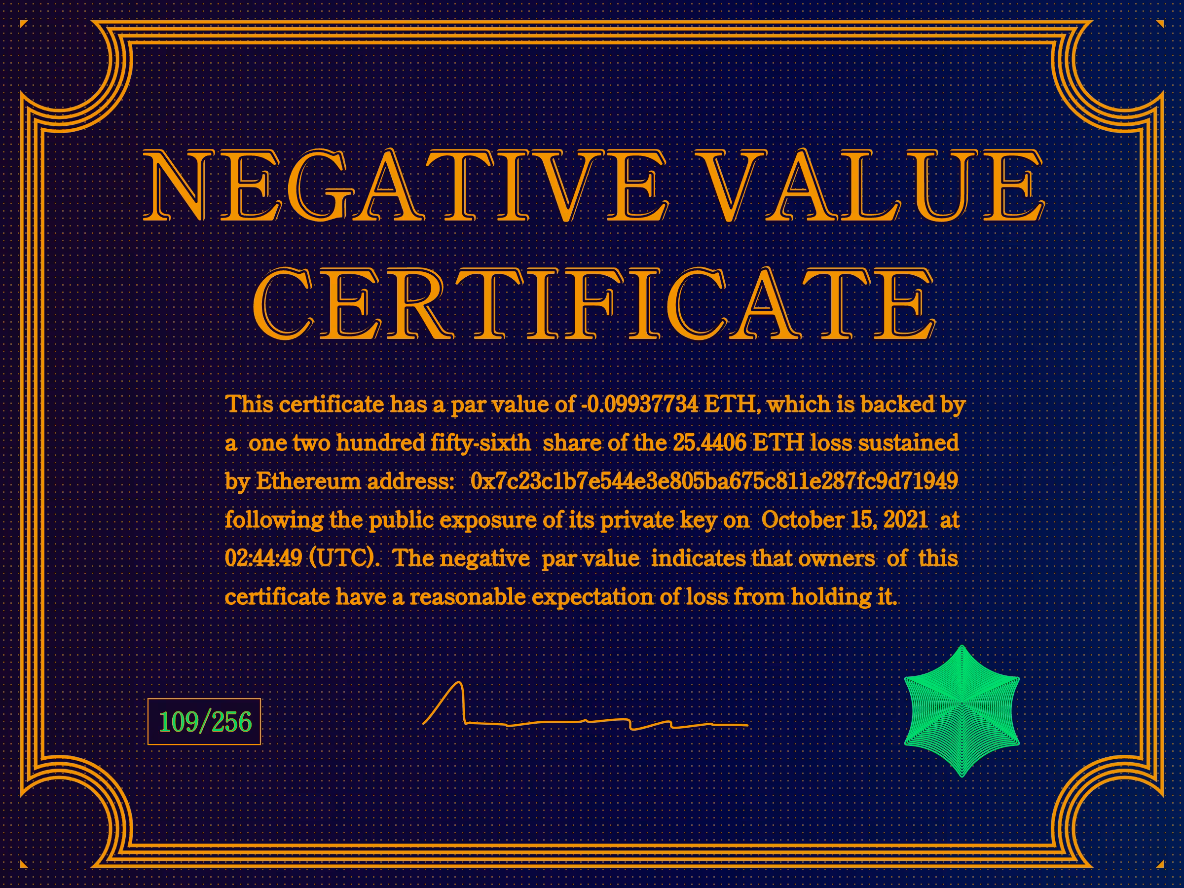 Negative Value Certificate #109 of 256