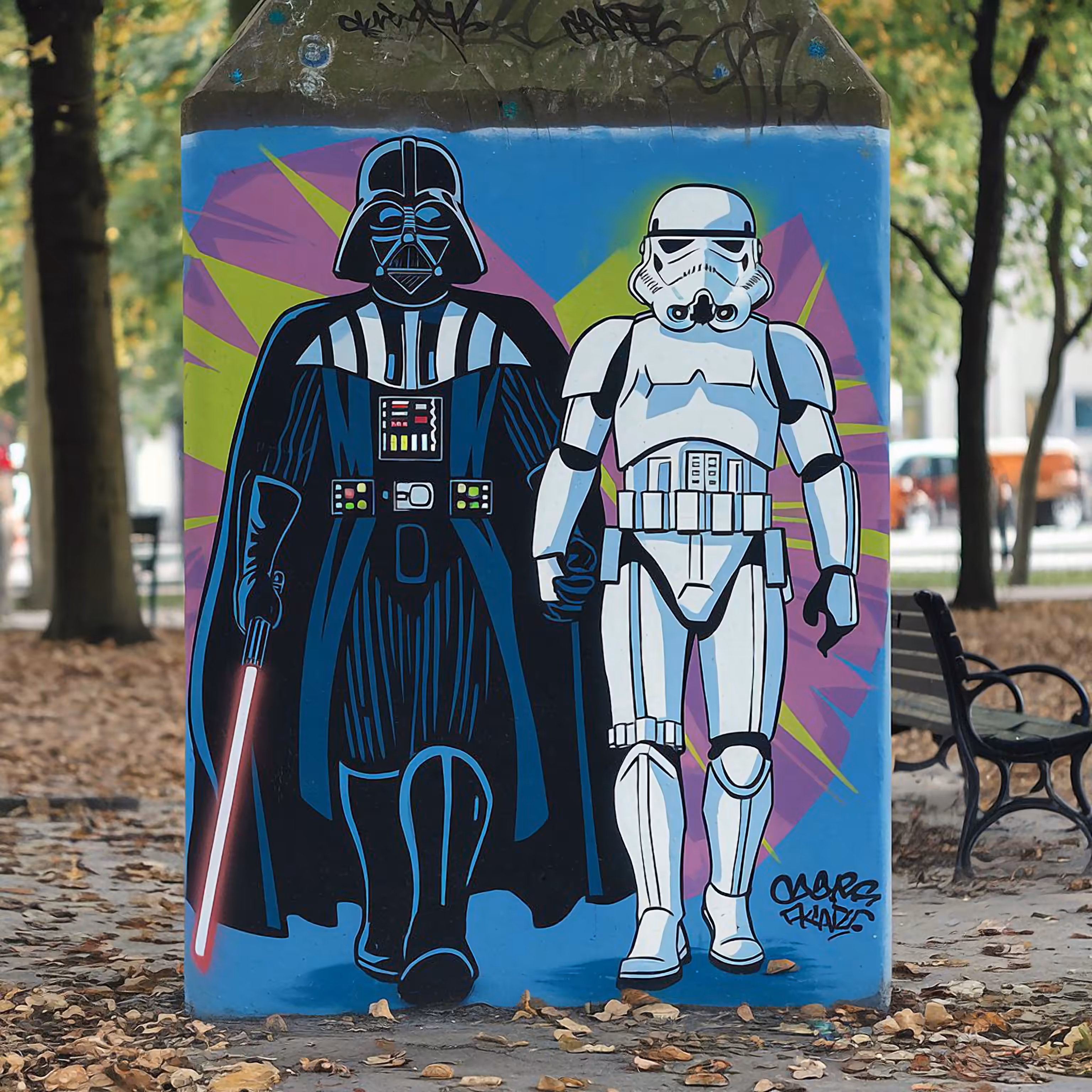 Darth Vader and a stormtrooper holding hands
