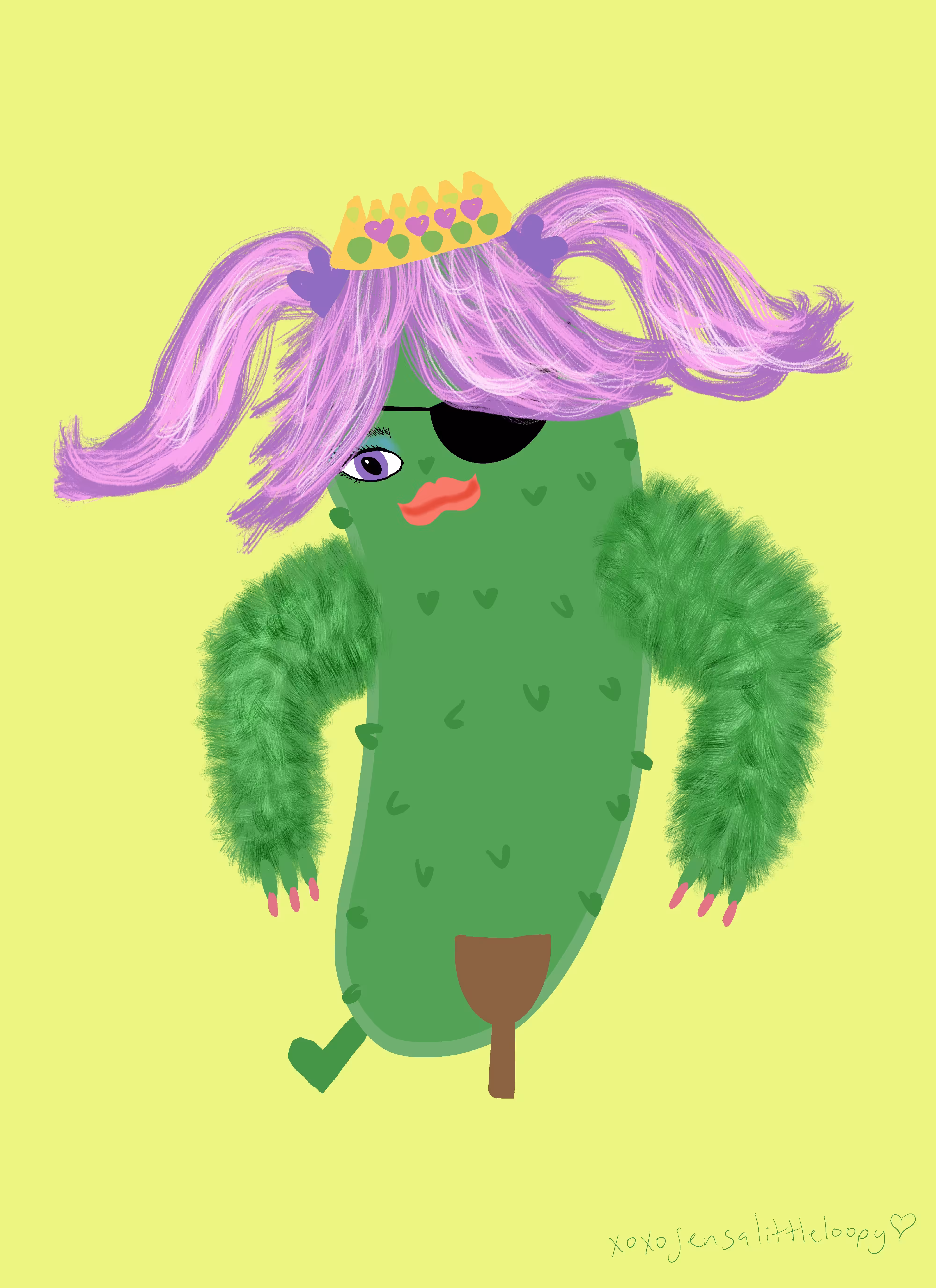 Princess pickle pirate yeti with purple hair and a pegleg