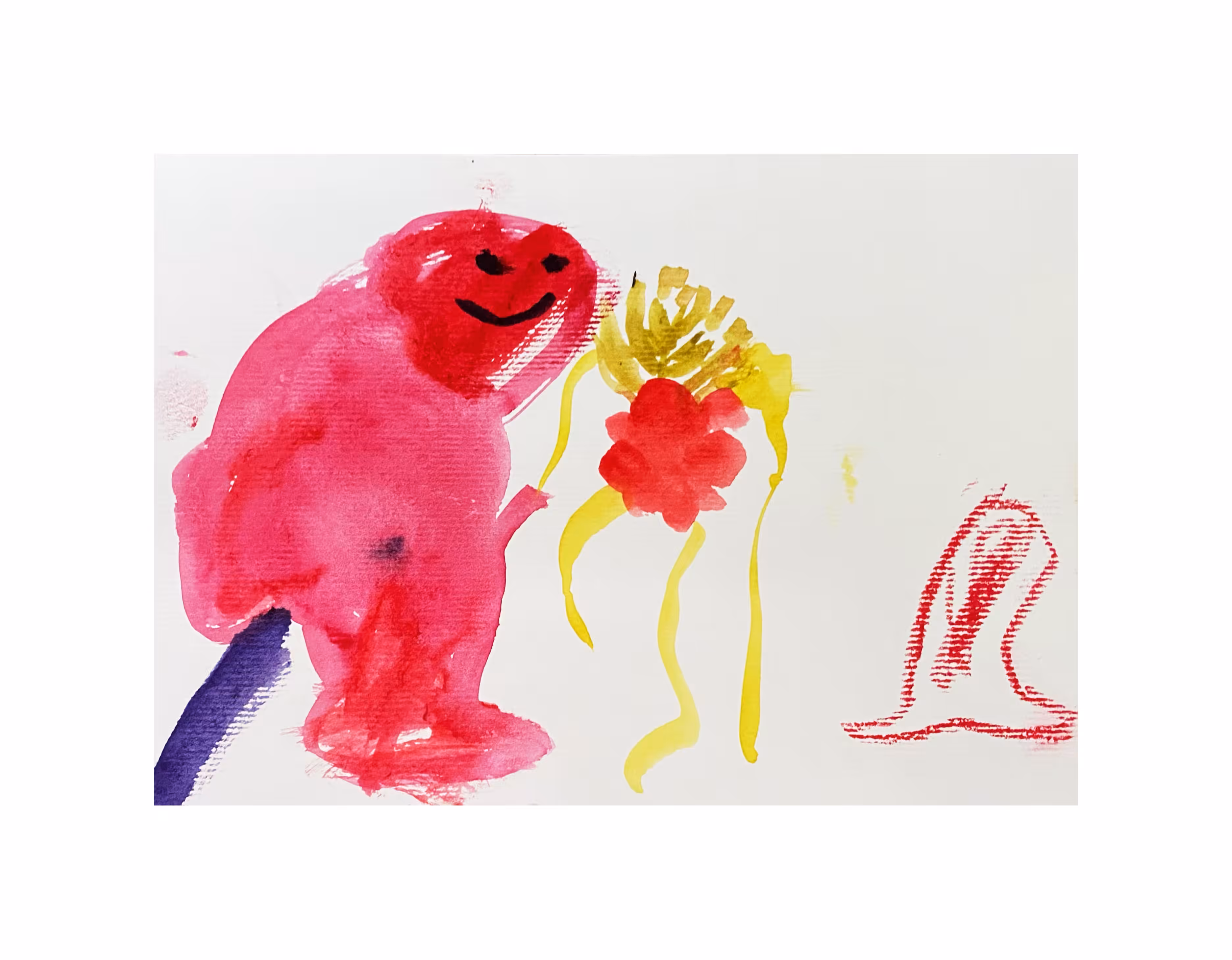 "Red creature pissing on a flower"