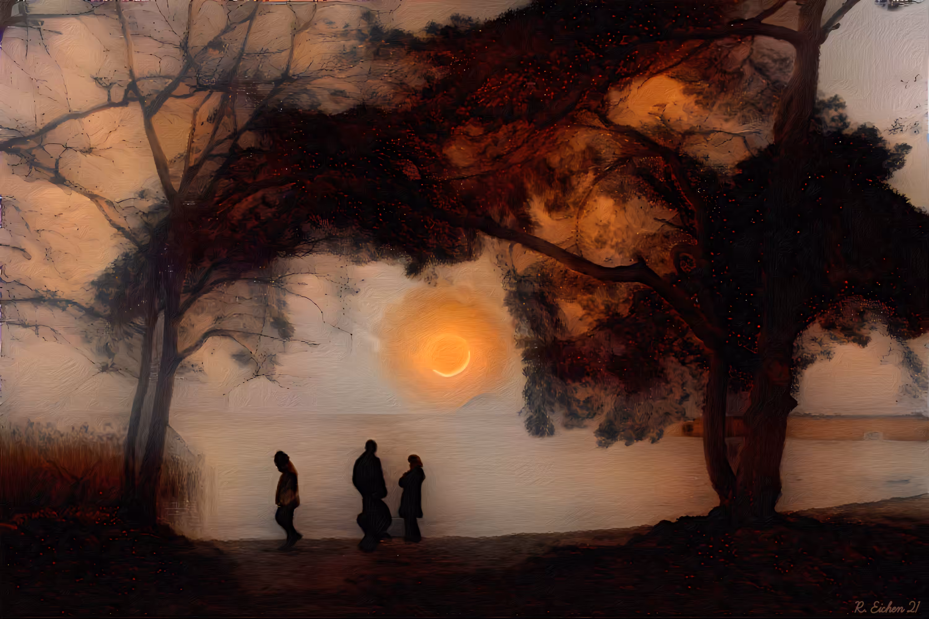 Three people looking at the moon