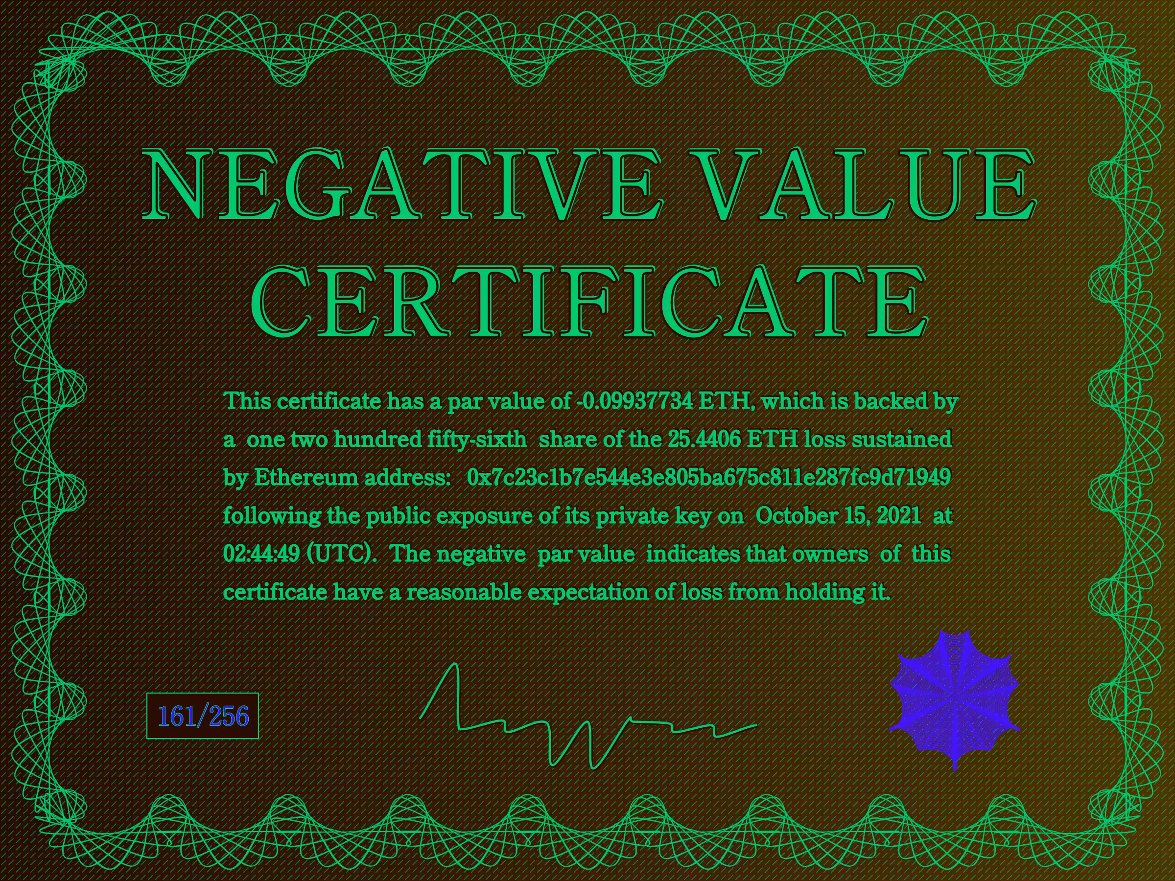 Negative Value Certificate #161 of 256