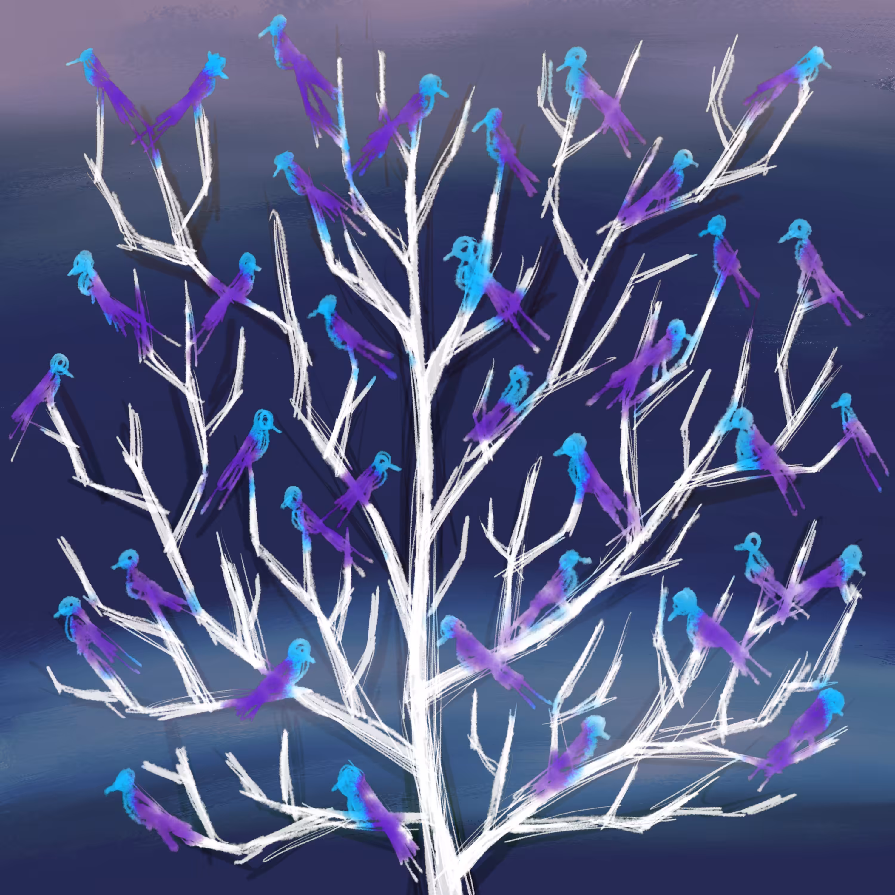 A tree with birds leaves