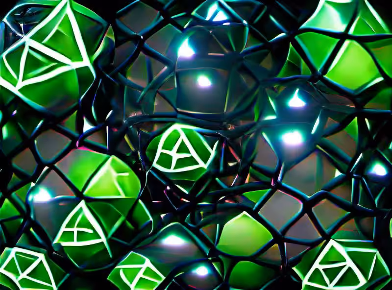 a polyhedral cage of neon hexagons and goopy pentagons, encapsulating green glowing crystals -- with radiosity rendering