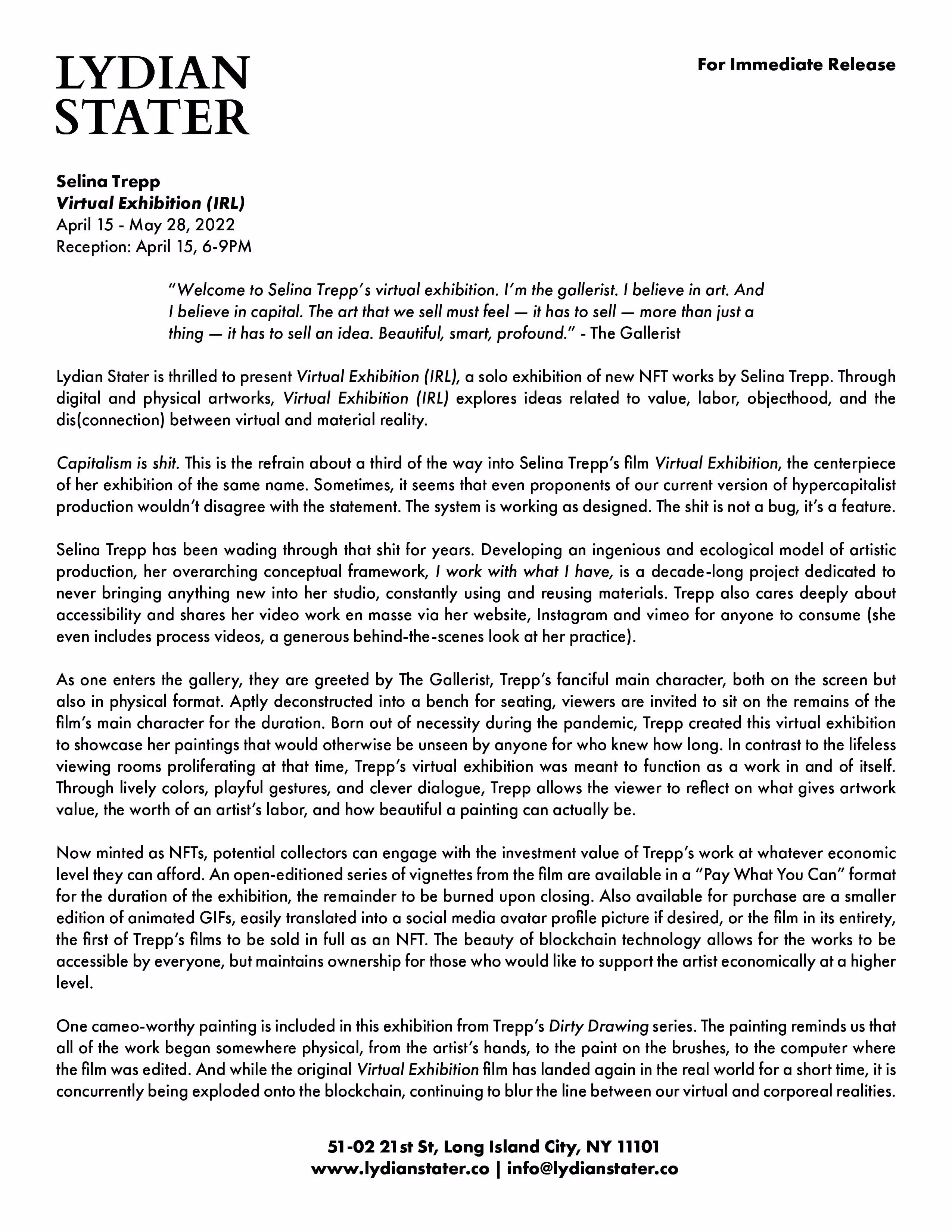 Selina Trepp: Virtual Exhibition (IRL) Press Release