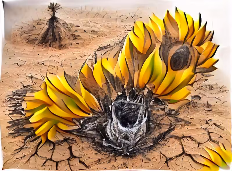 A single sunflower growing out of scorched earth