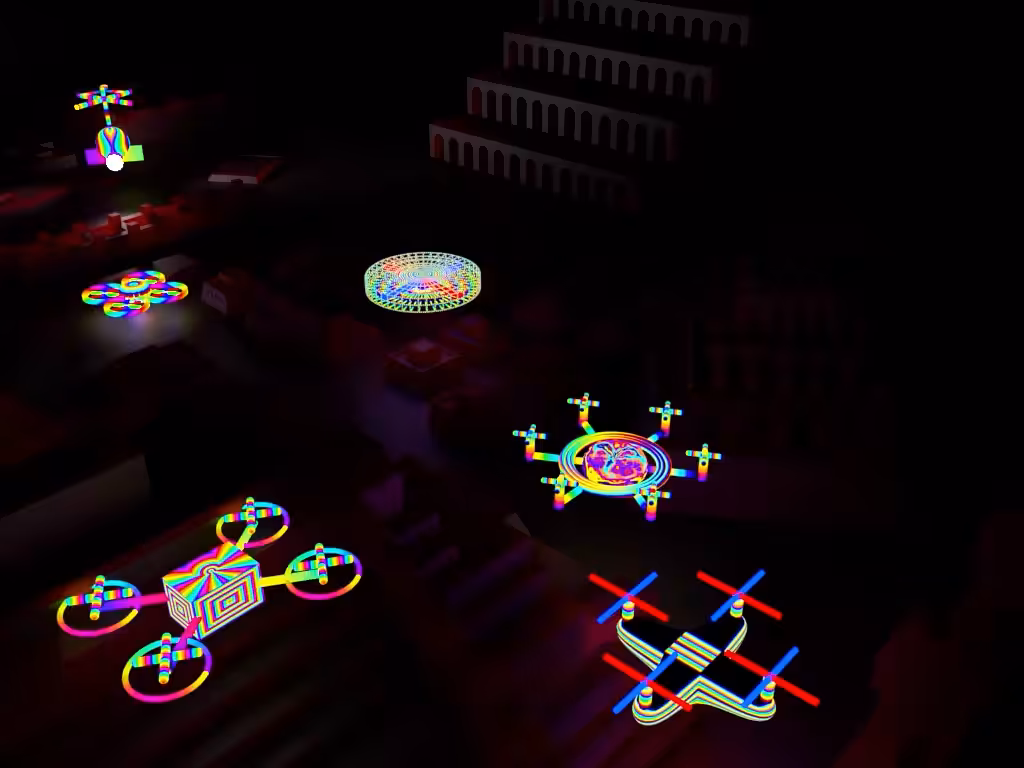7 neon drones in Babylon