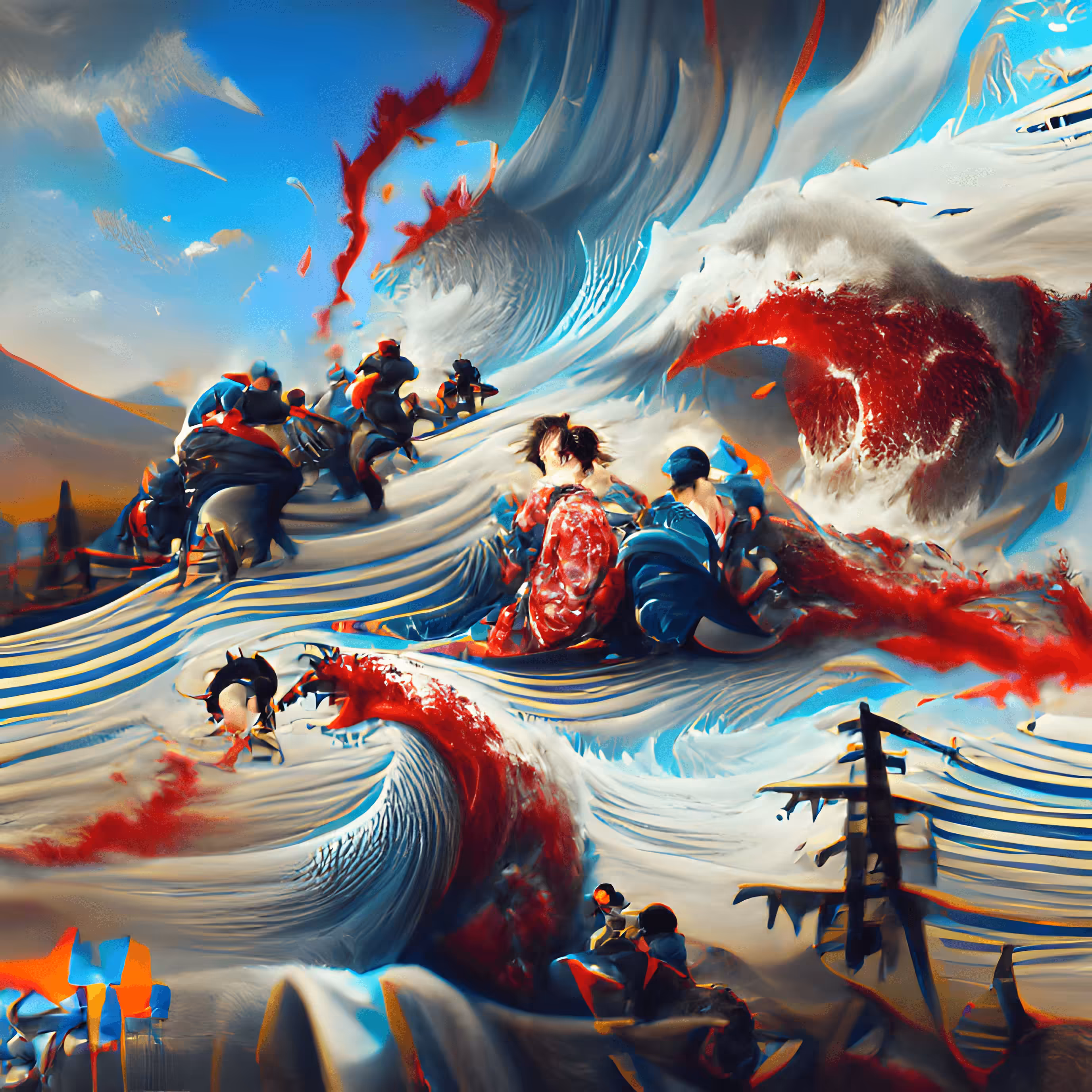 Bloody Red Tidal Wave in the Style of Hokusai