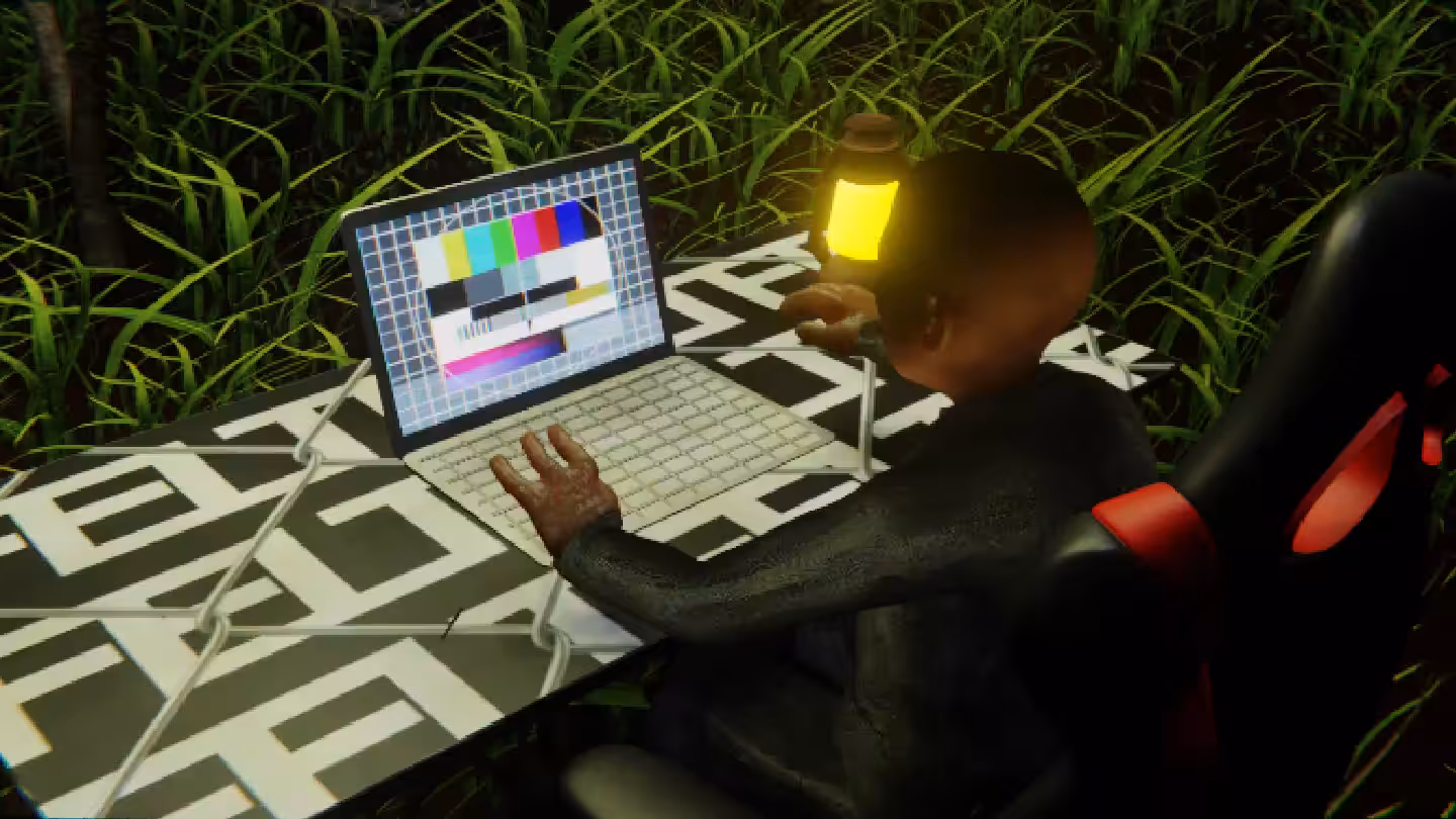 Desktop #248: The Business in the Gaming Chair With a Gas Lamp and a Please Stand By Monitor on a Barbed Wire Table in The Forest