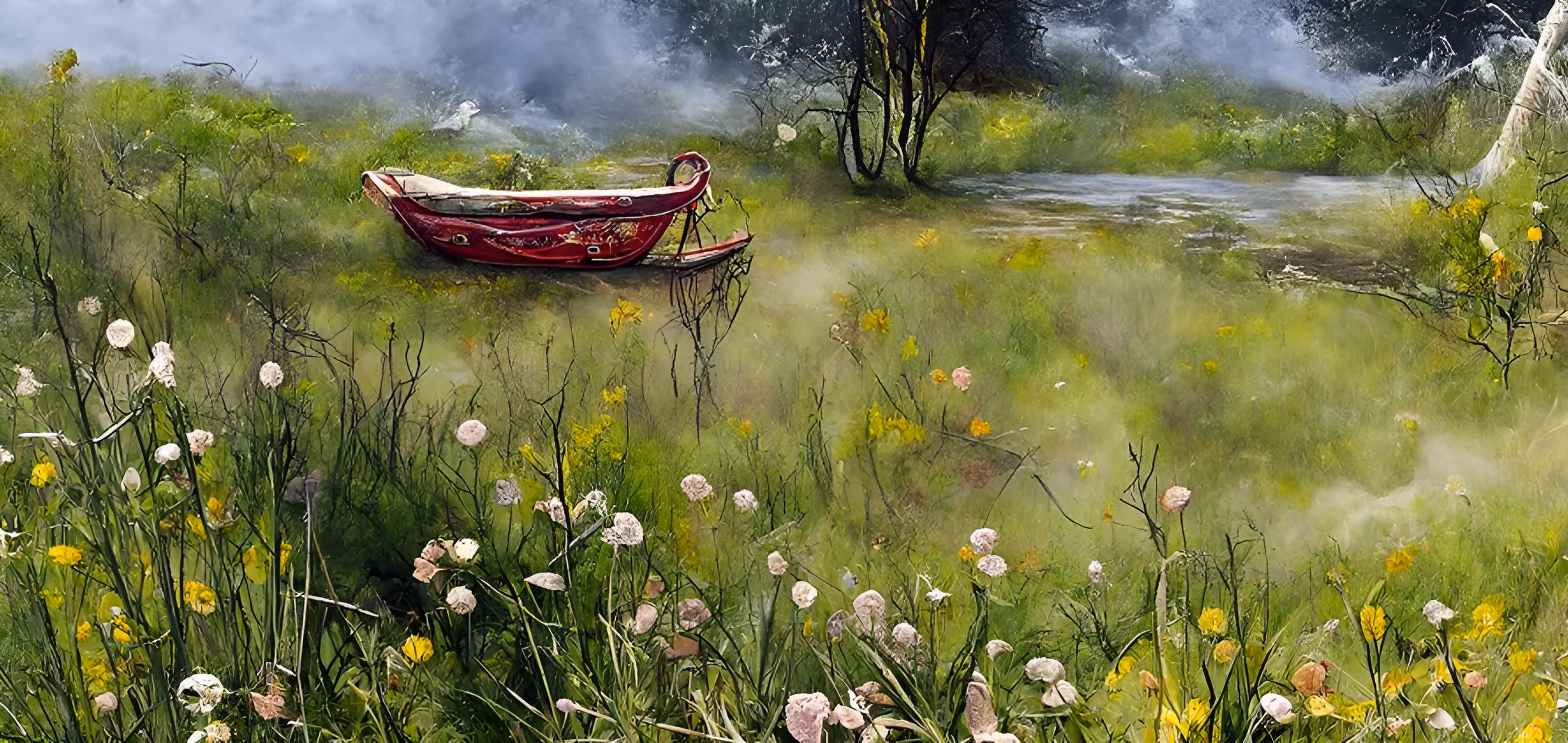 The small red boat at the edge of the lake
