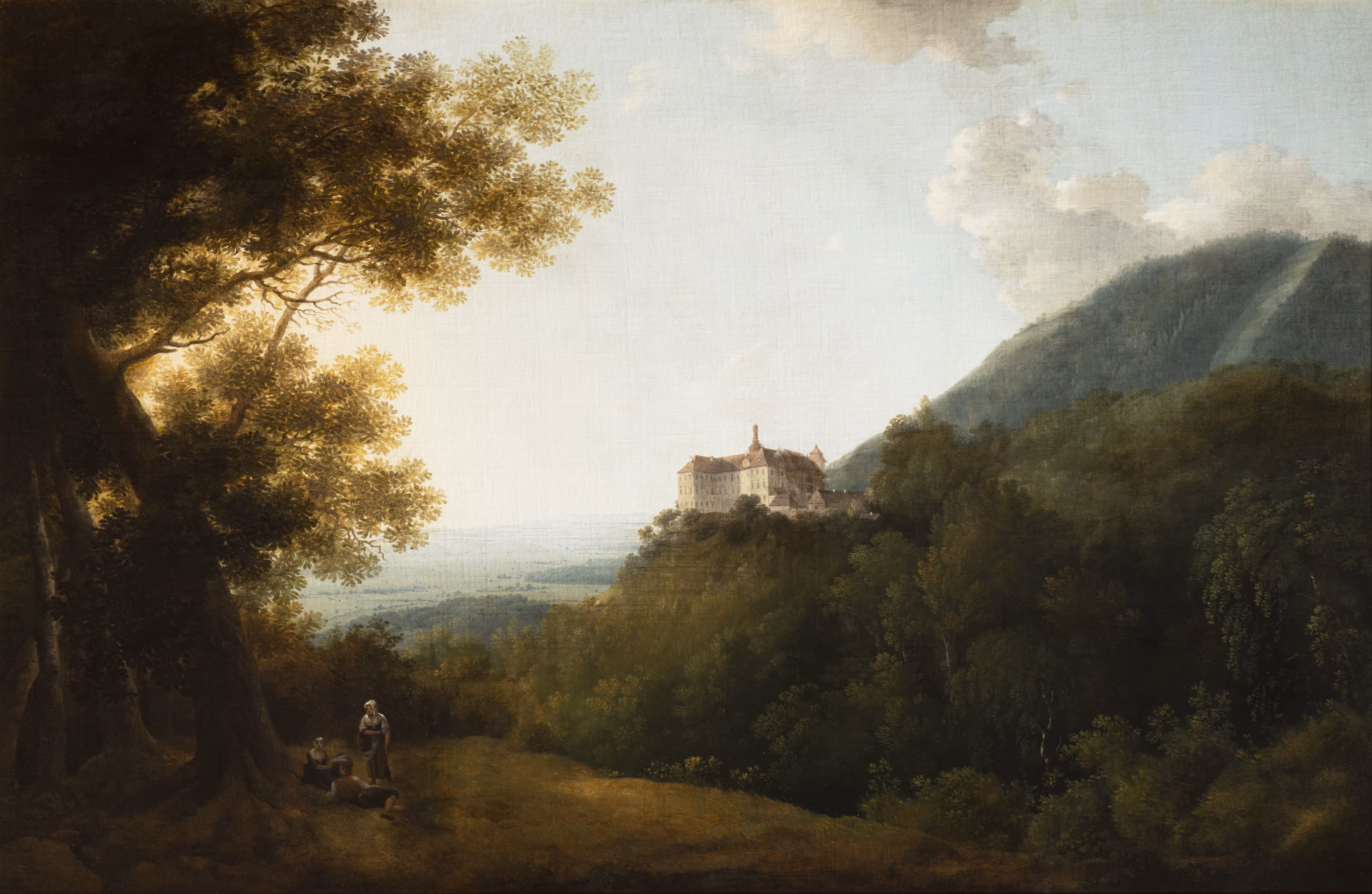 Proof of Patronage: A Distant View of the Castle of Jezeří with Figures in the Foreground, Beneath a Large Tree