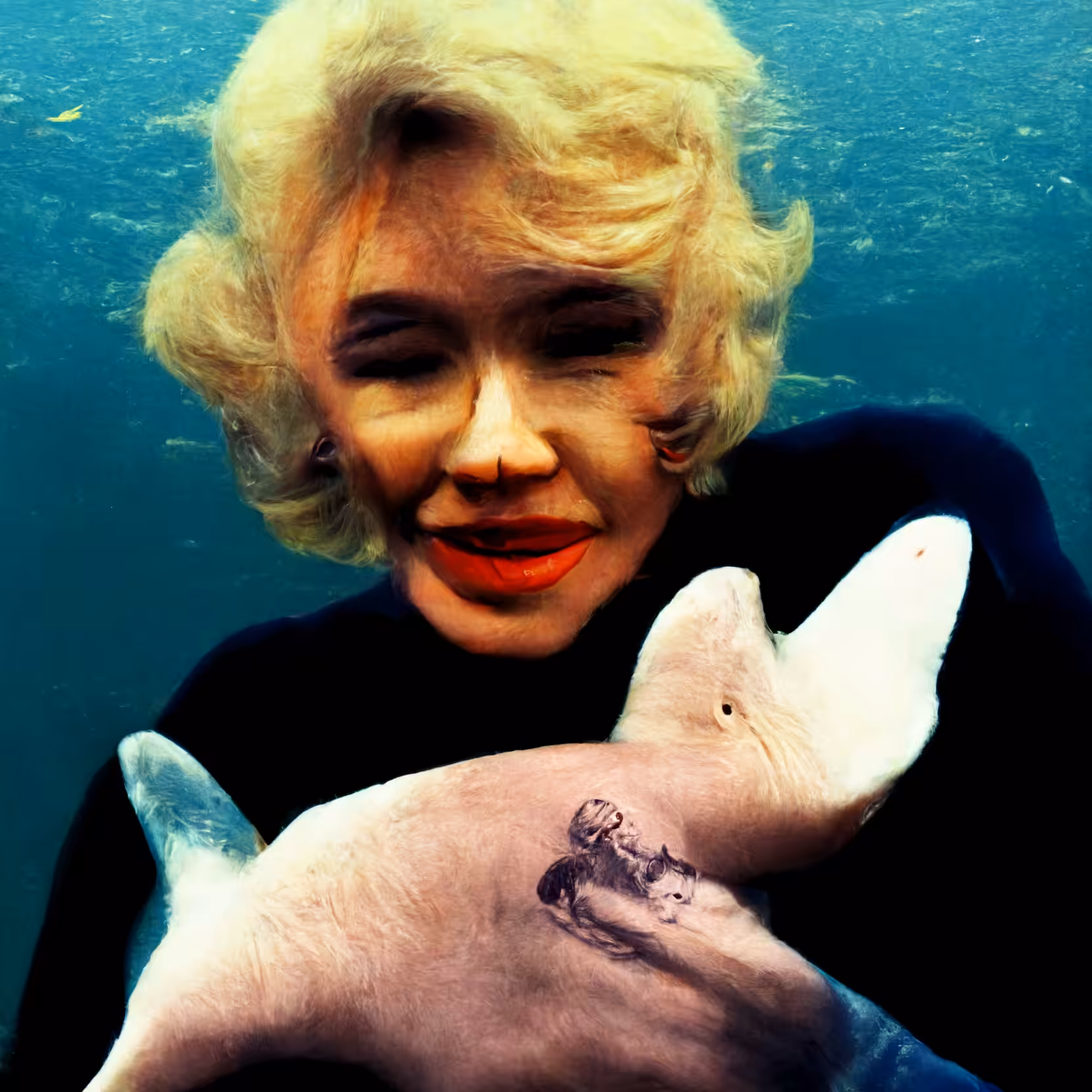 m monroe holdin hands w andy warhol &  a pet whale