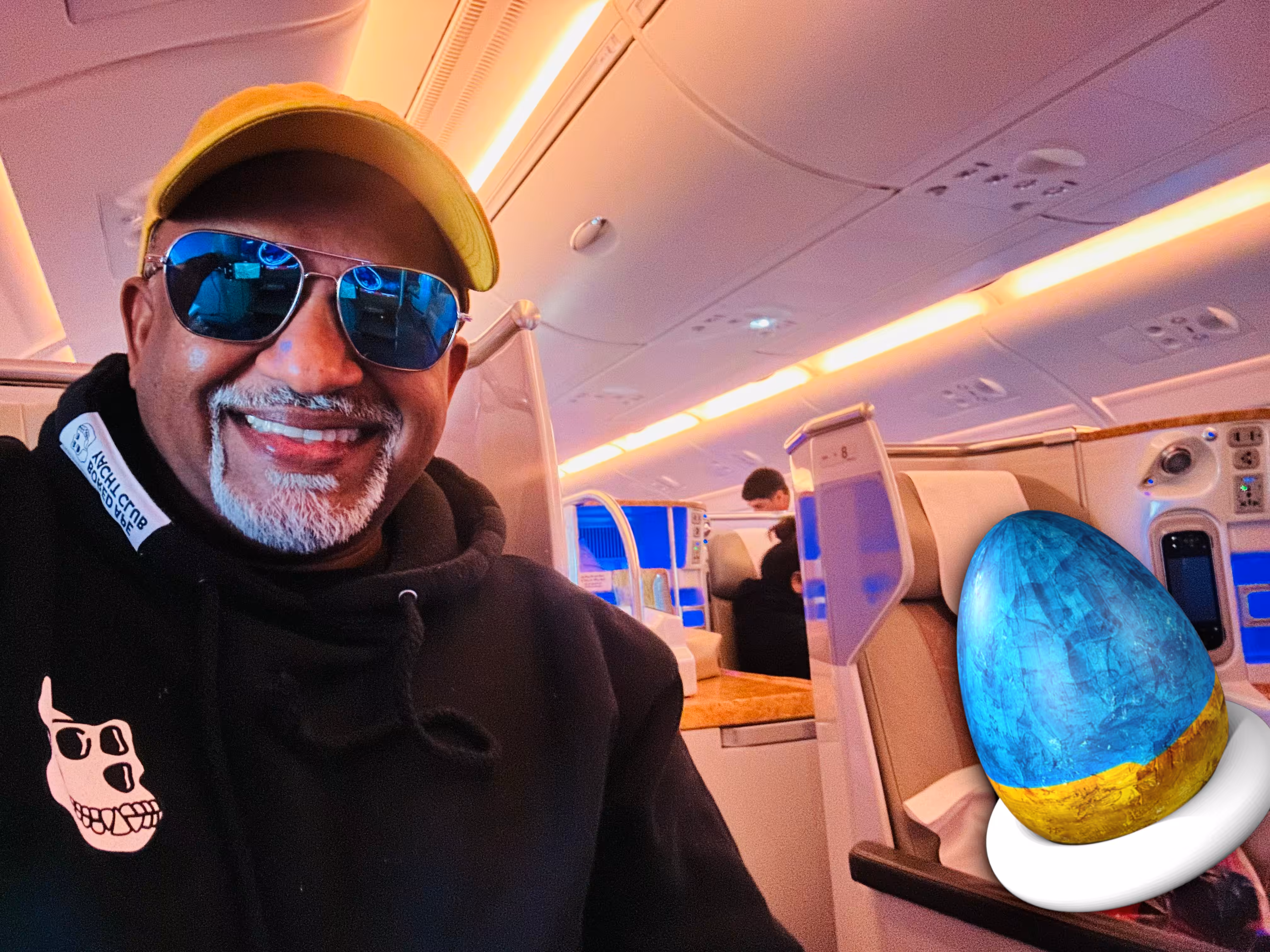 Nik Kalyani & Ukrainian pysanka in the airplane