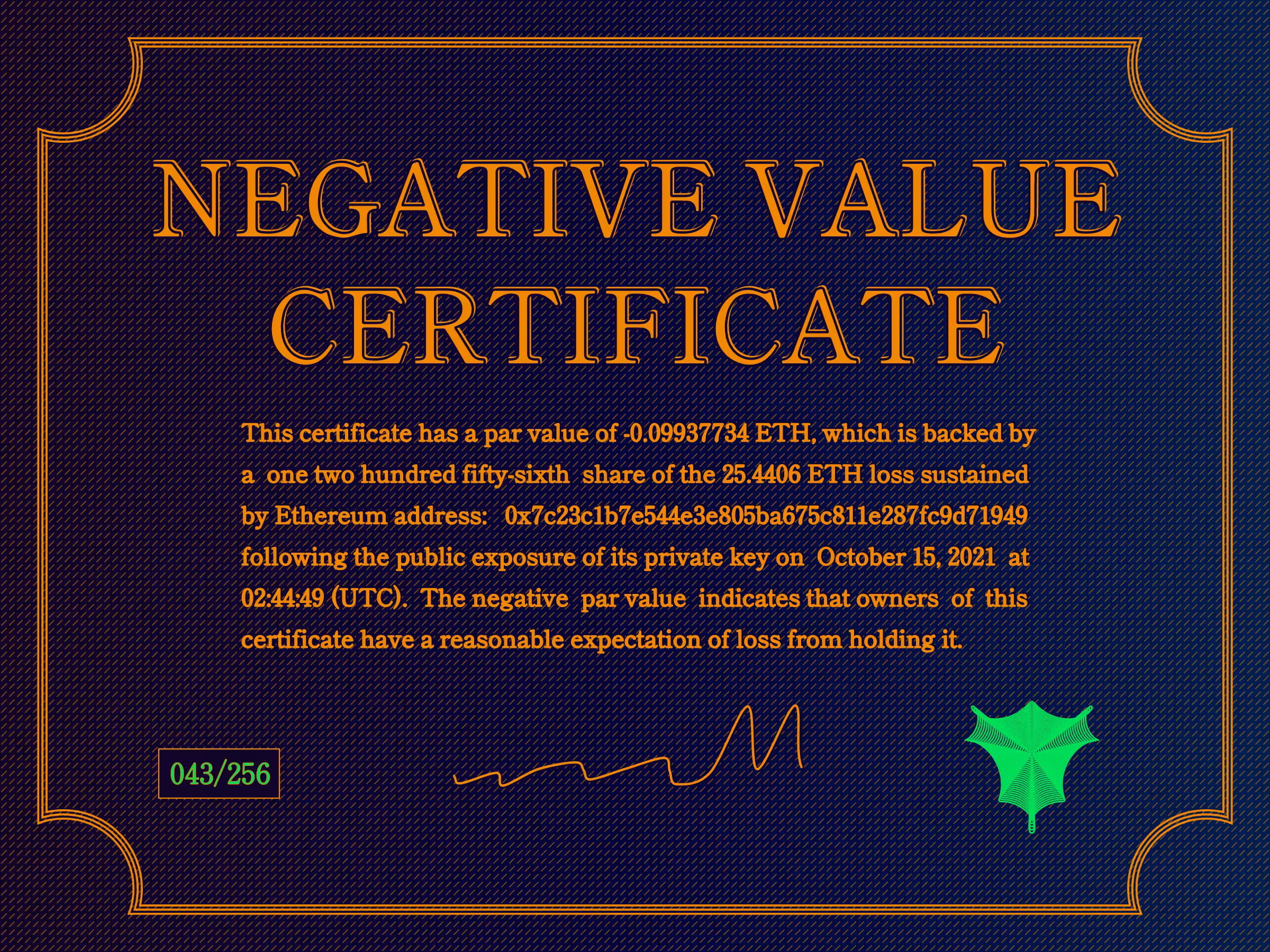 Negative Value Certificate #43 of 256
