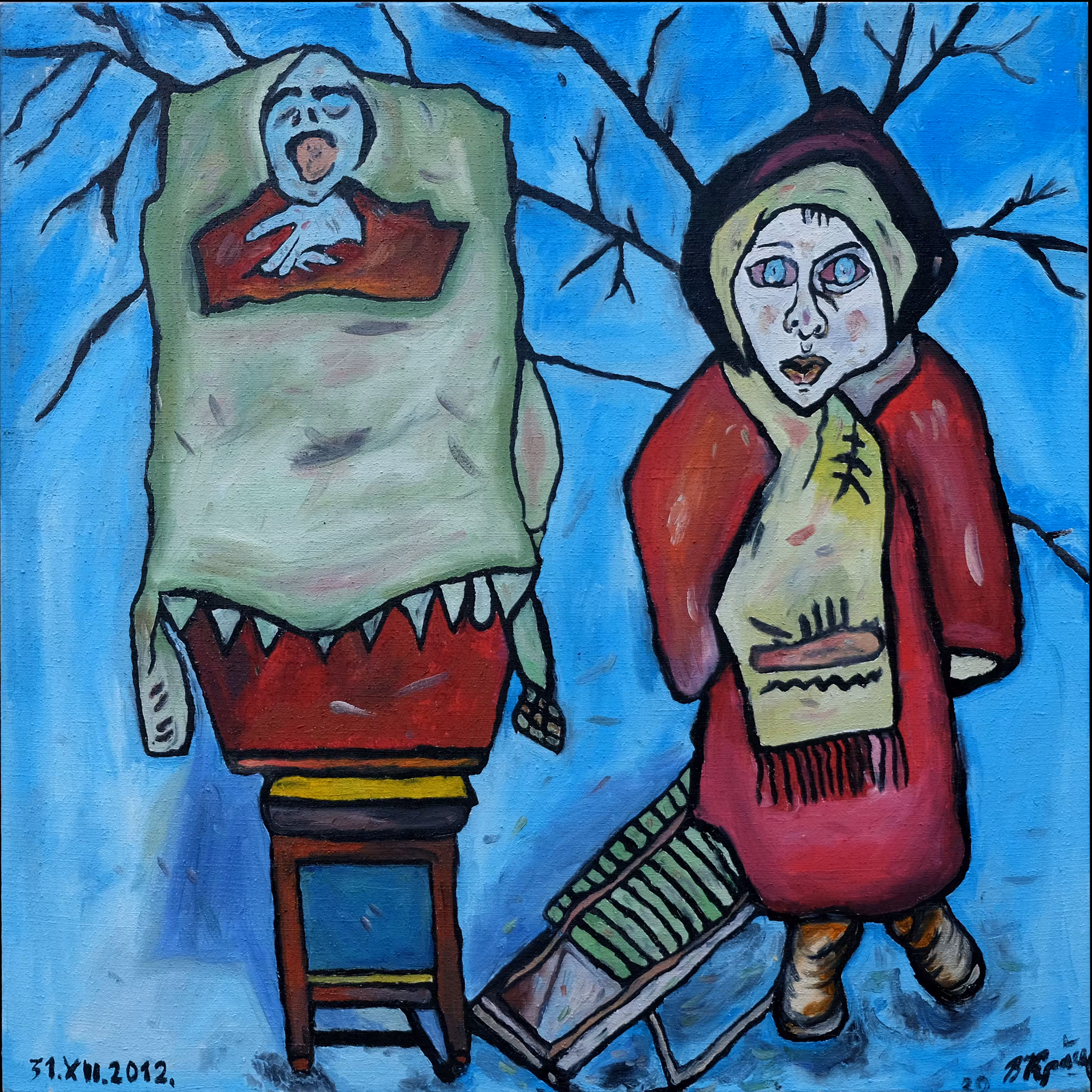 Girl with a sled and grandmother in a coffin.