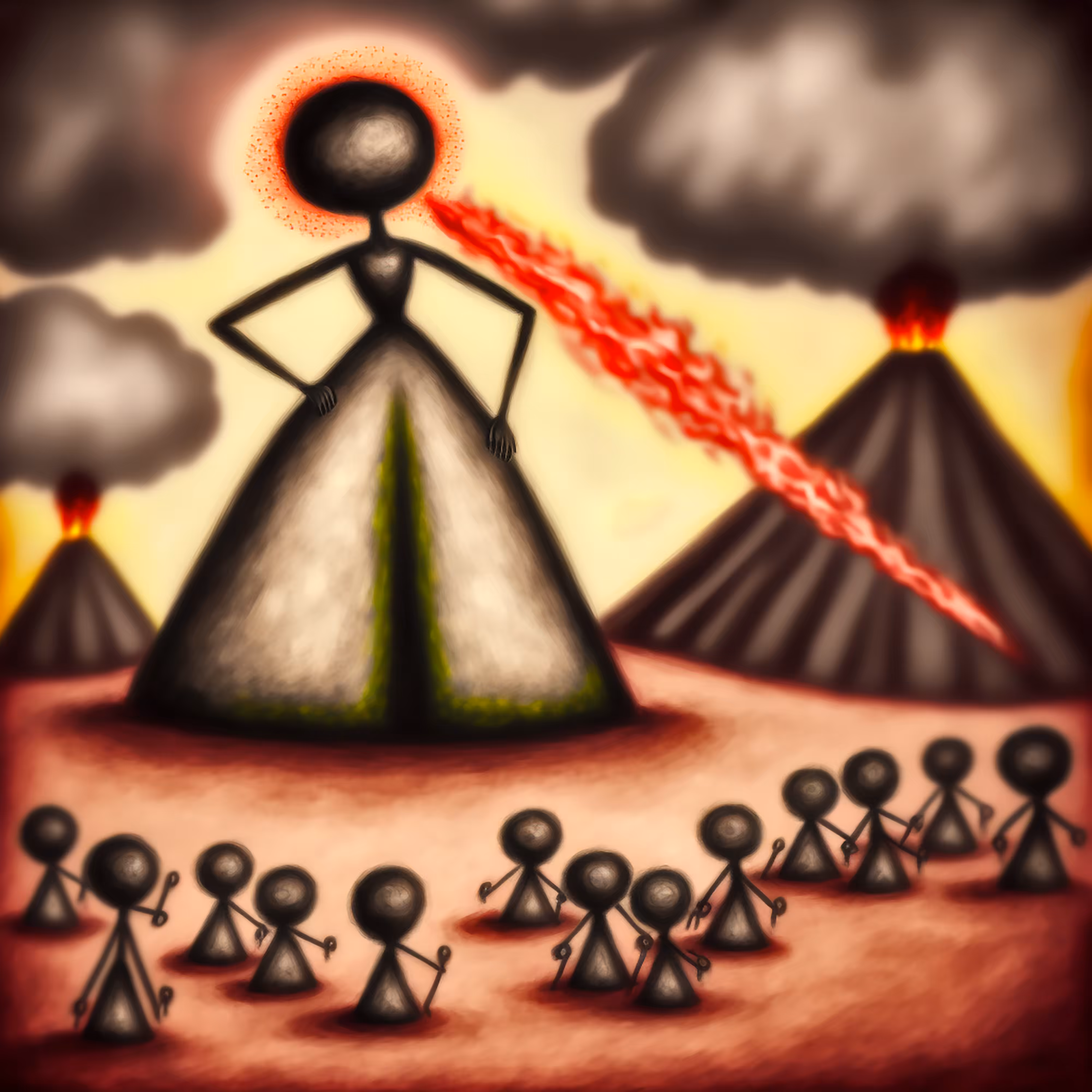 Madera Del Diablo: Laser Eyes and Minion Toddlers, couple of active volcanoes in the background